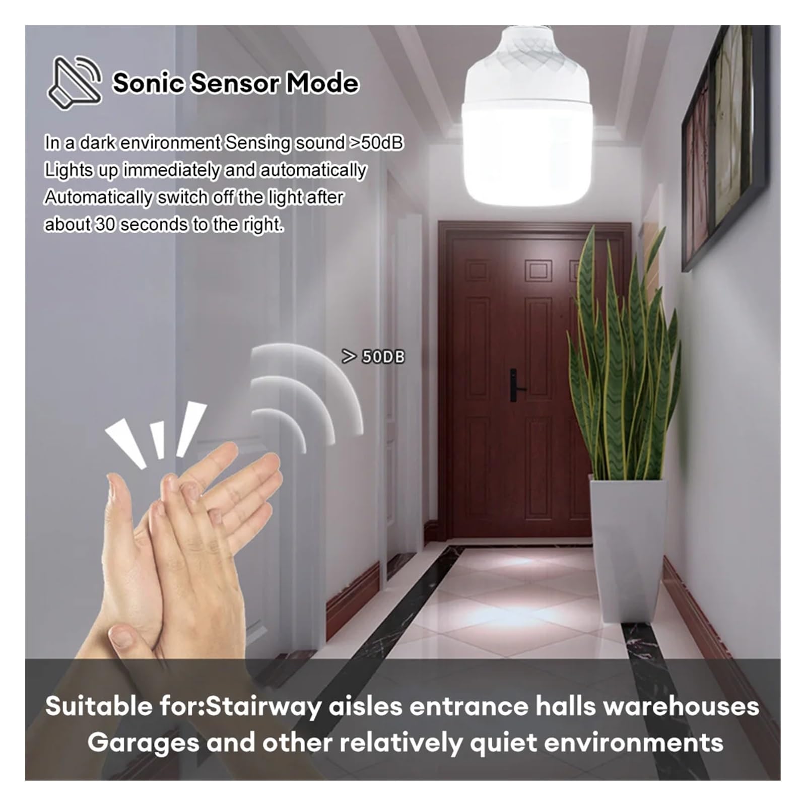 Générique E27 żarówka LED z czujnikiem dźwięku, 10 W, 20 W, sterowanie głosem, oświetlenie schodów, wejście, korytarz, AC 220 V, zimna biel, 6500 K (10 W)