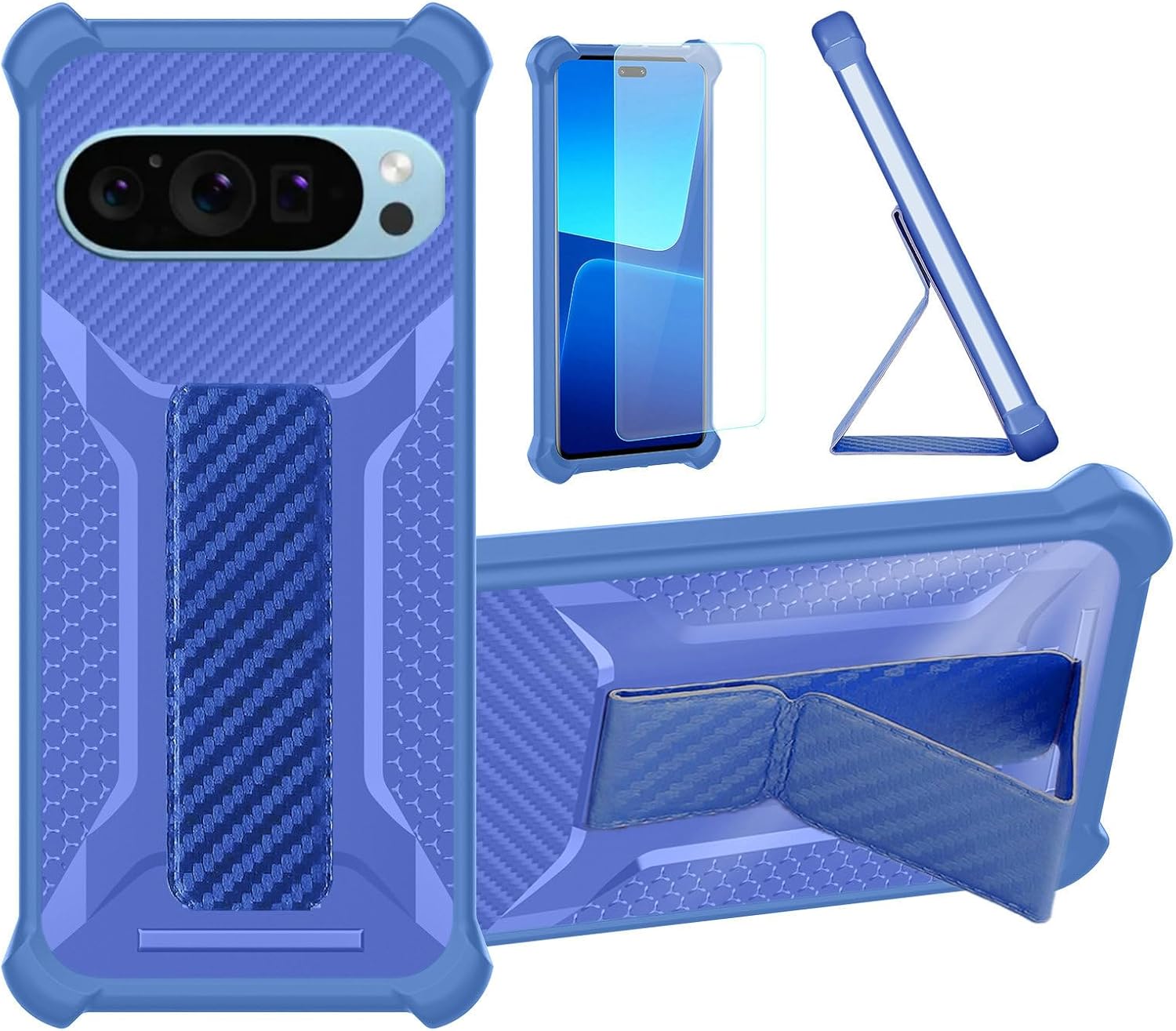 Aroepurt Case for Google Pixel 9 Phone Case Stand Cover [with Tempered Glass Screen Protector] Hybrid Case [Folding Support Magnetic] [Frosted Anti-Fingerprint] Blue