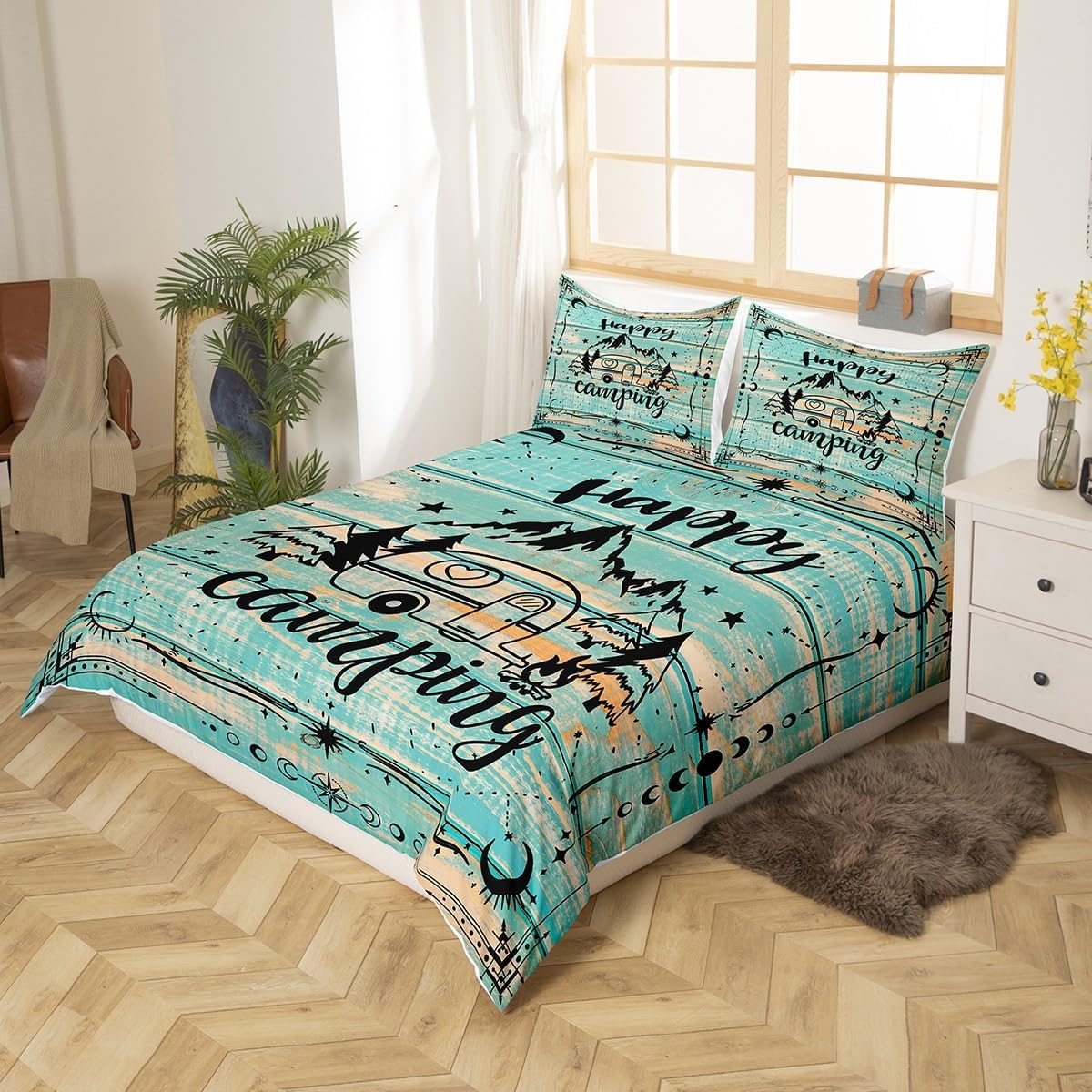 Erosebridal Happy Camping Comforter Cover Queen Rustic Camper Bedding Sets for Kids Boys Girls,Rv Accessories Duvet Cover for Travel Trailers Farmhouse Green Wooden Barn Door Bed Set Zipper
