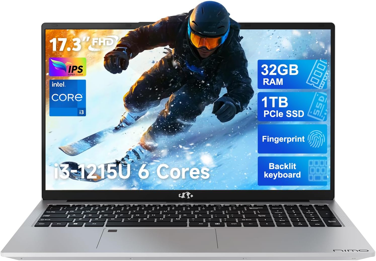 NIMO 17.3 IPS FHD-Laptop, 6 Cores Intel Core i3-1215U (Beat i5-1135G7, Up to 4.4GHz) 32GB RAM 1TB SSD Fingerprint, Business Computer with Backlit Keyboard Wi-Fi 6 Win 11