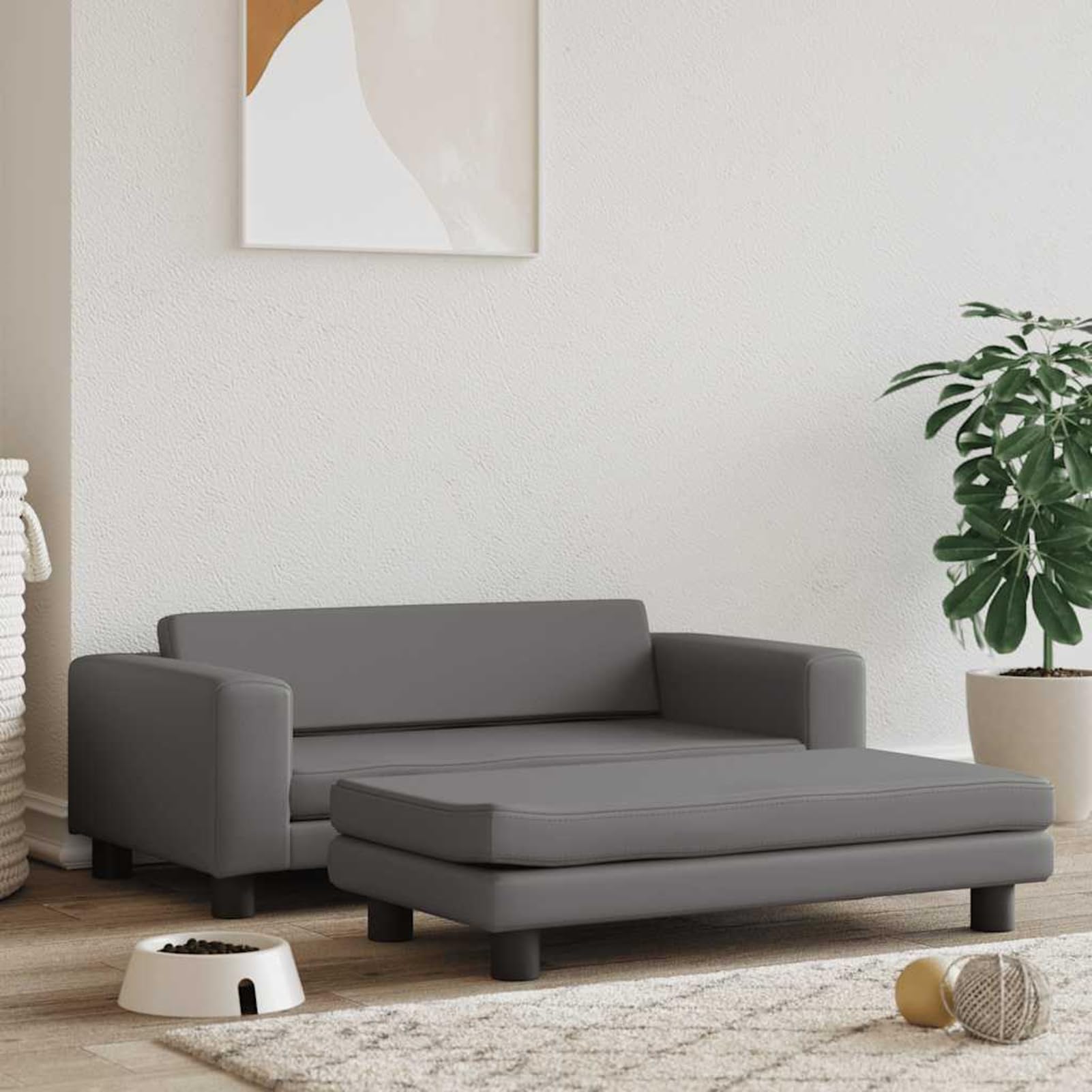 Hundebett mit Verlängerung Grau 100x50x30 cm Kunstleder | Weicher Schaumstoff, massiver Kiefernholzrahmen, wasserdichter Kunstlederbezug, einfache Reinigung, bis 50 kg