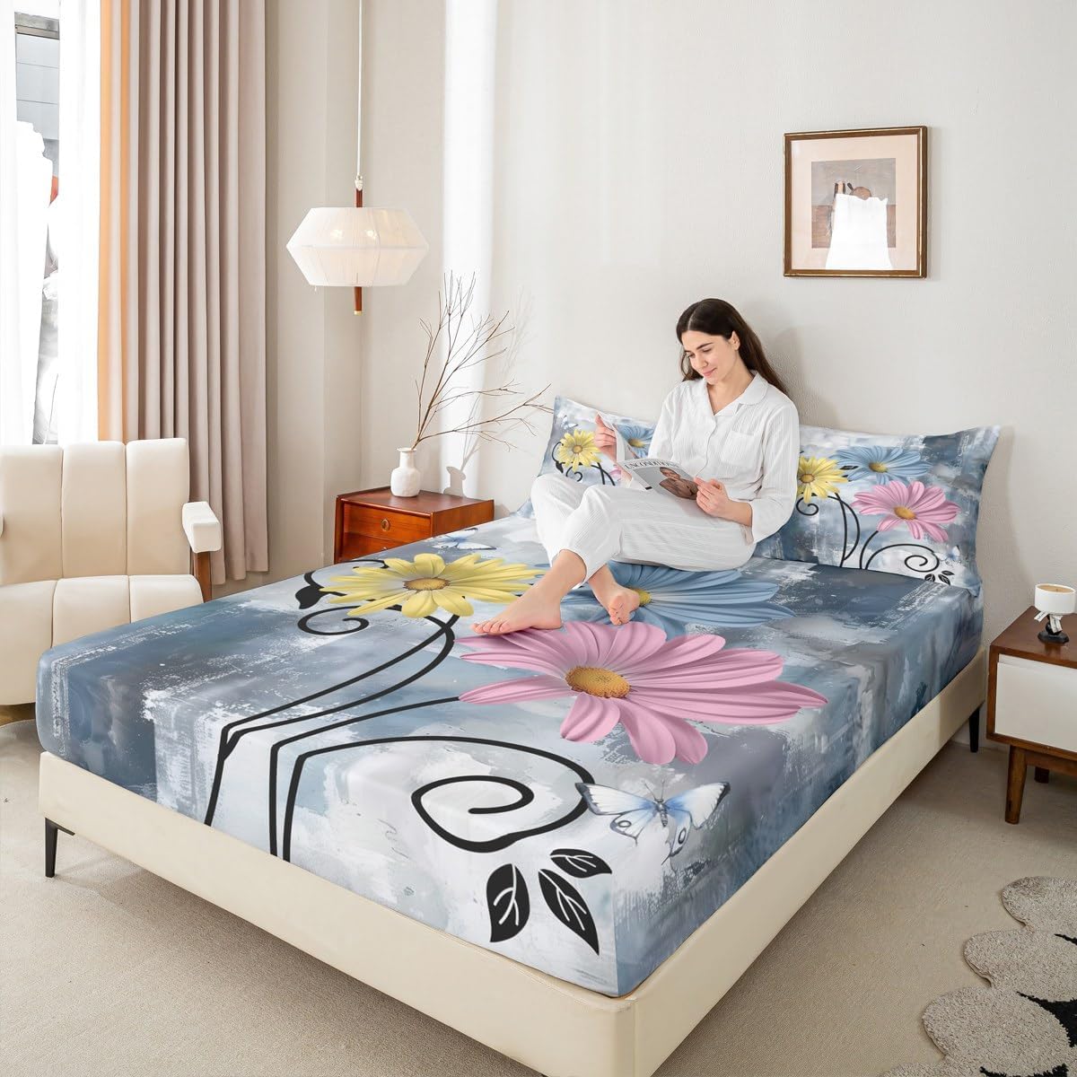 Rustic Flower Fitted Sheet Farmhouse Country Floral Bed Sheets for Blue Daisy Flowers and Butterfly Sheets for Room Decor,Wooden Teal Turquoise Bed Set Pink Yellow Grey Bedding Set,Queen