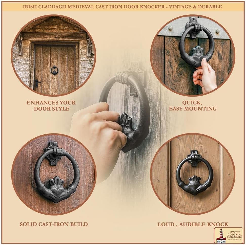 "Mystic Colonial Irish Claddagh-Style Medieval Cast Iron Door Knocker (1 Pc) | Black Rust-Protective Coating, Heavy Vintage Hardware for Front Doors, Gates, Cottages & Farmhouses"