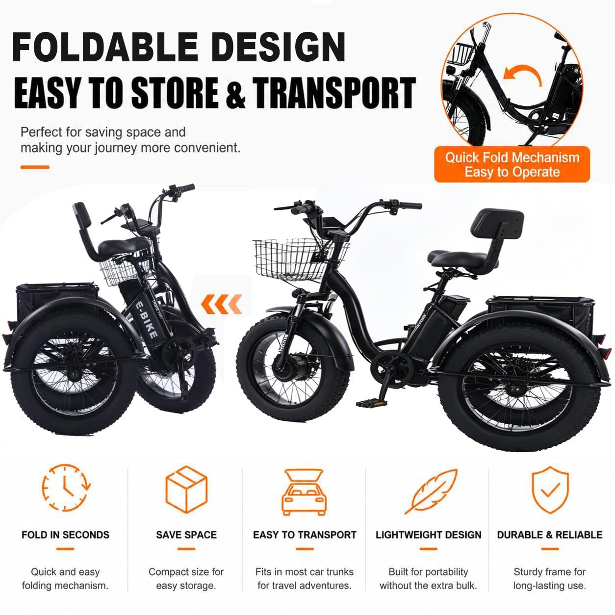 Vélo électrique Pliant Pour Adultes, Tricycle électrique Pliant 20 Pouces Avec Batterie Amovible 48 V 12 Ah, Vélo électrique Motorisé Avec Grands Paniers,écran Lcd,7 Vitesses, Autonomie 40 Km