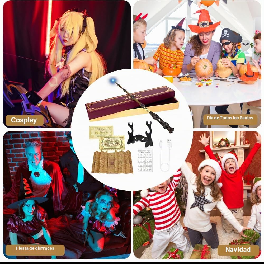 Varita mágica Dumbledore de 38 cm con luz, varita de élder Harry P-Otter, carga USB, varita mágica de resina con tarjeta de hechizo, tarjeta de estación, mapa, soporte