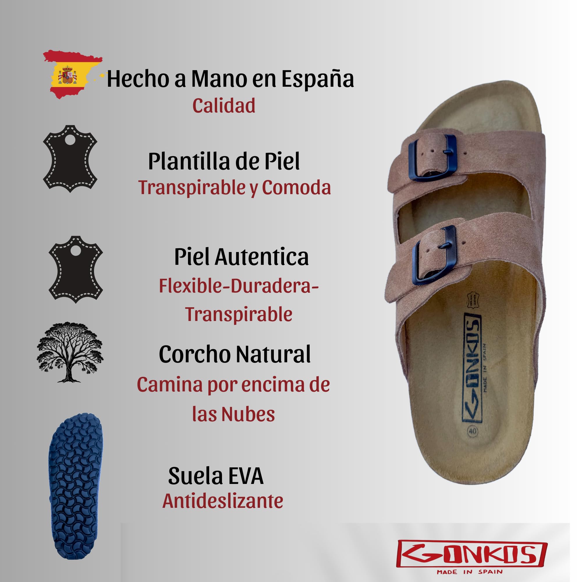 Sandalias de Piel con Hebillas, Piel Autentica, Corcho Natural, Hebillas ajustables al Pie, Sandalias Hombre/Mujer, Suela antideslizante EVA, Calzado de Calidad Hecho en España