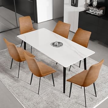 7 Piece Dining Room Set, 63" Marble Sintered Stone Dining Table for 4-6 People, 6 Upholstered PU Leather Dining Chairs with 1 Table for Home Kitchen,Jade White Table and Brown Chairs