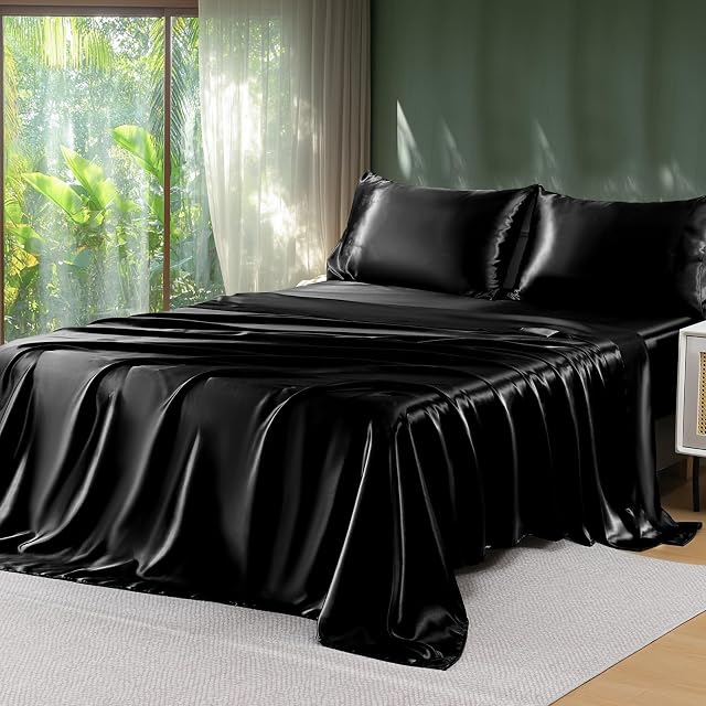 Sasttie Draps Satin Queen - Ensemble de Draps de Luxe Doux en Satin Noir de 4 Pièces avec Taies d'Oreiller - Tissu Satin Lisse comme de la Soie, Poche Renforcée de 14 Pouces, Certifié Oeko-Tex