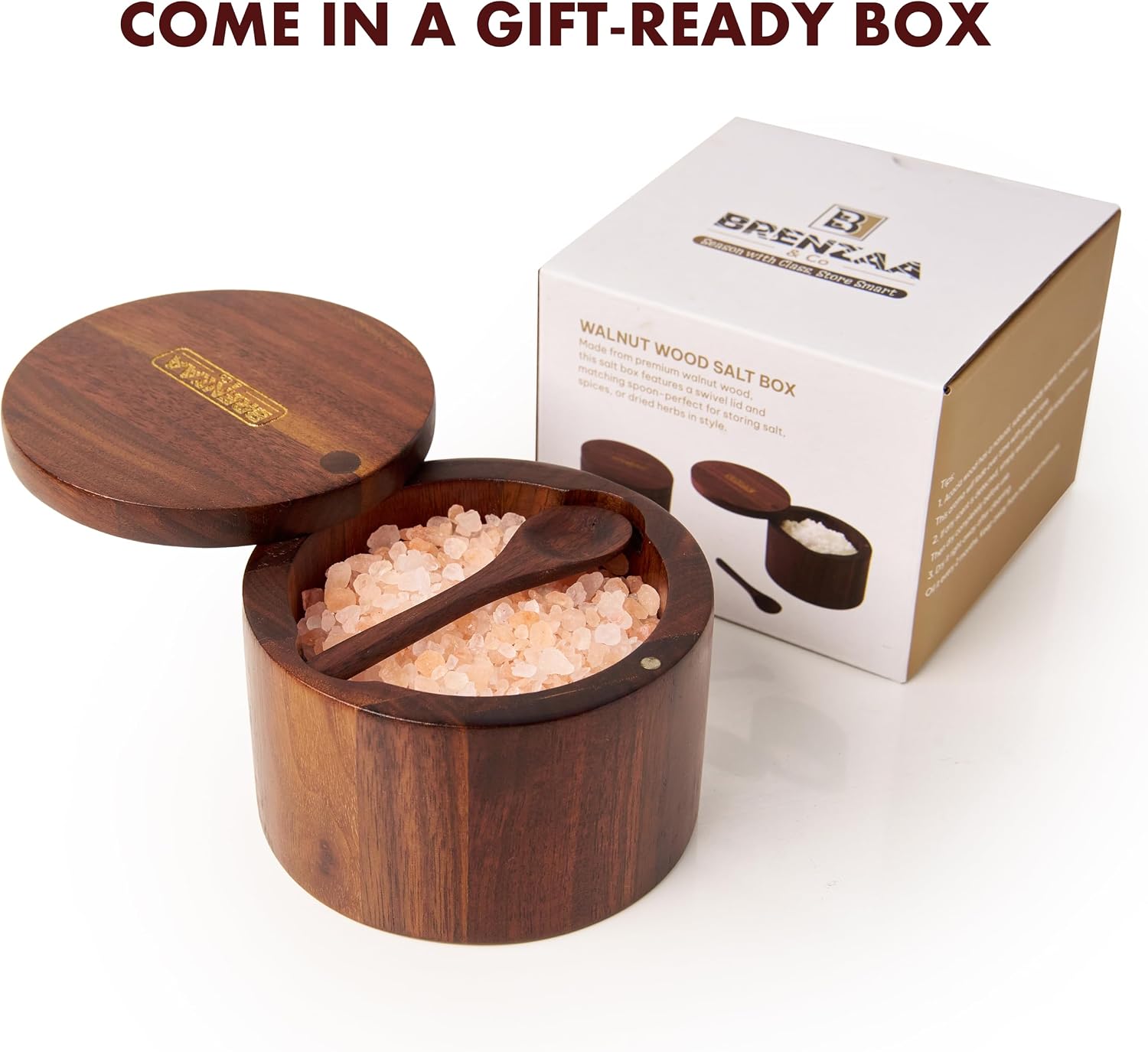 BRENZAA Walnut Wood Salt Cellar With Built in Spoon & Magnetic Swivel Lid, Spice Organizer for Salt, Herbs & Seasonings Storage Box – Kitchen Counter Storage & Gift