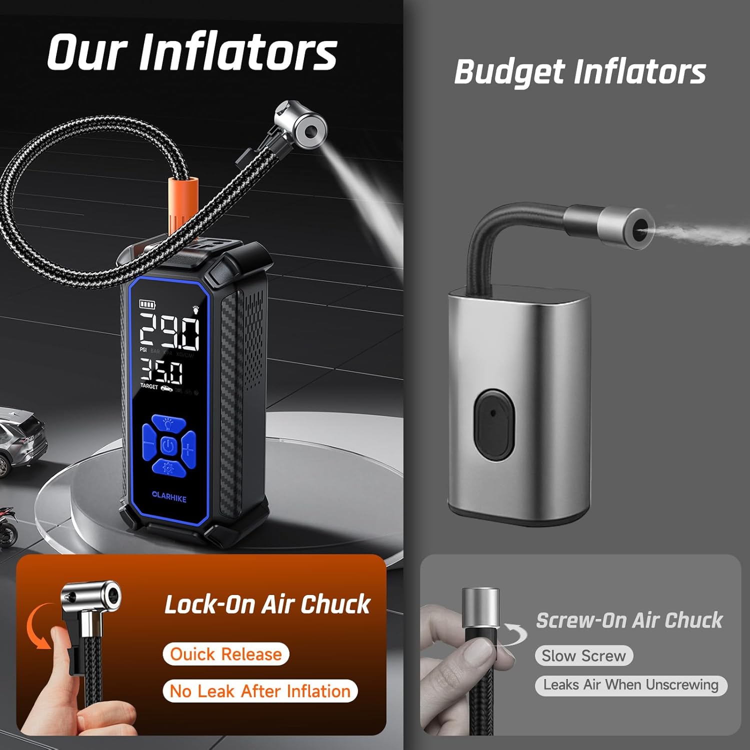 OlarHike Cordless Tire Inflator Portable Air Compressor, 150PSI Dual Power - 6000mAh & 12V DC, Air Pump for Car Tires, Motorcycle, Bicycle, Electric Pump with LED Light & Digital Pressure Gauge - Image 6