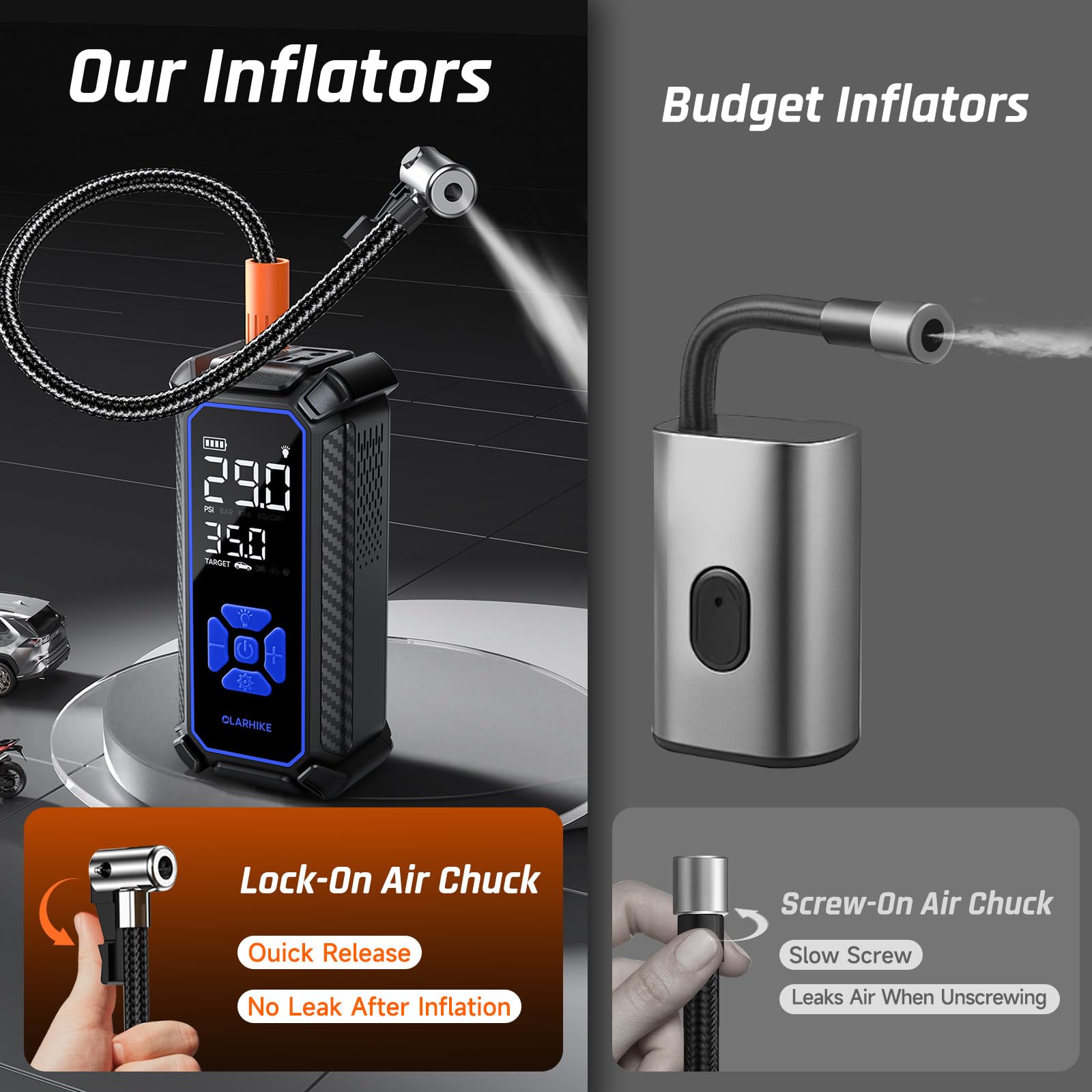 OlarHike Cordless Tire Inflator Portable Air Compressor, Dual Power - 5400 mAh & 12V DC, Air Pump for Car Tires, Bike, Motorcycle, Bicycle, Electric Pump with LED Light & Digital Pressure Gauge view 6