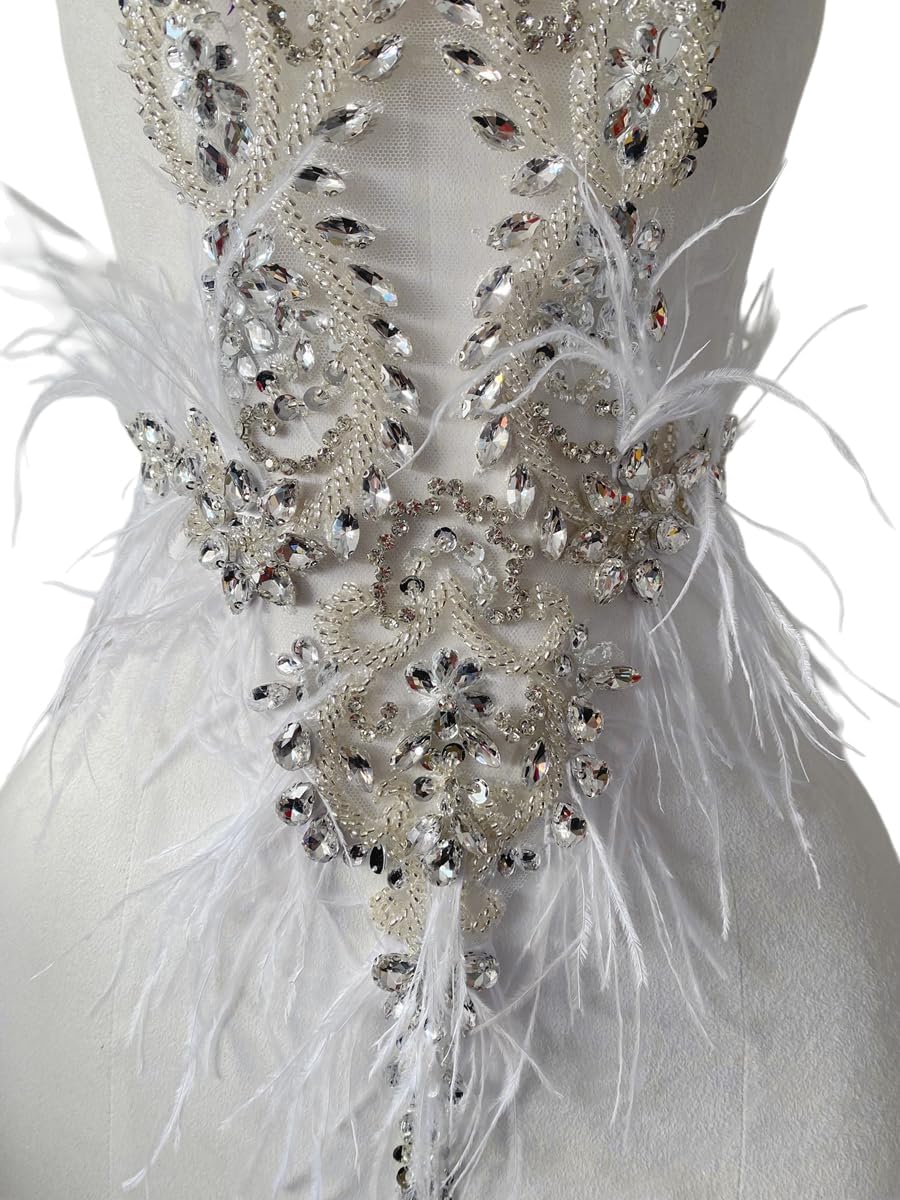 Hand Made Luxury Feathers Decorative DIY Accessories Hand Sewing Shiny Glass Rhinestones Bead Bodice Lace Applique Trim Patches (Silver)