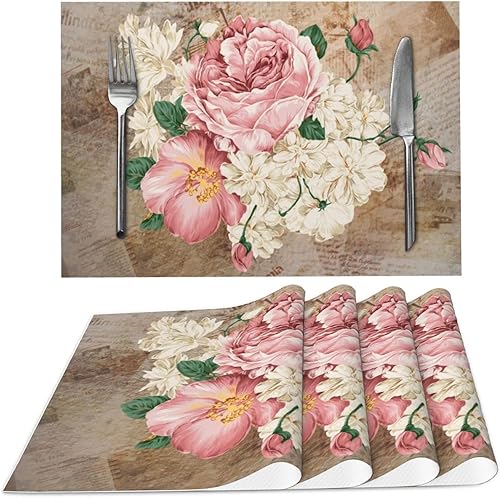 Juego de 4 manteles individuales de tela vintage rosa para mesa de comedor, manteles individuales rectangulares de tela Rosa Vintage,Oso y