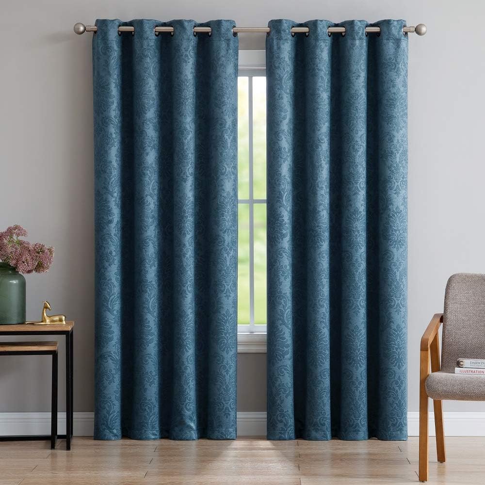 Warm Home Designs 1 Pair (2 Panels) of Blue Teal Blackout Curtains with Embossed Textured Damask Flower Pattern. Each Thermal Room Darkening Curtain Panel is 54" X 63". EV Teal 2x54x63