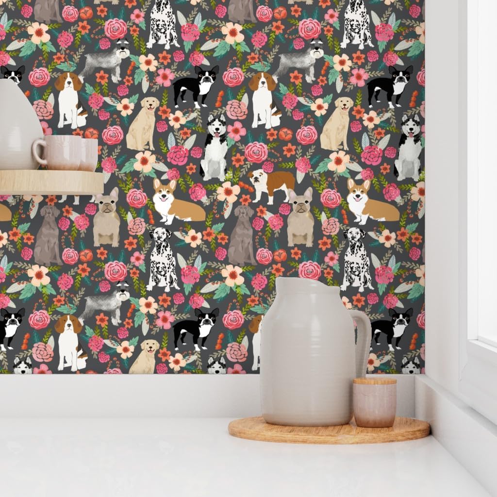 Peel & Stick Wallpaper 3ft x 2ft - Dogs Florals Pets Flowers Gray Pet Floral Portrait Custom Removable Wallpaper by Spoonflower