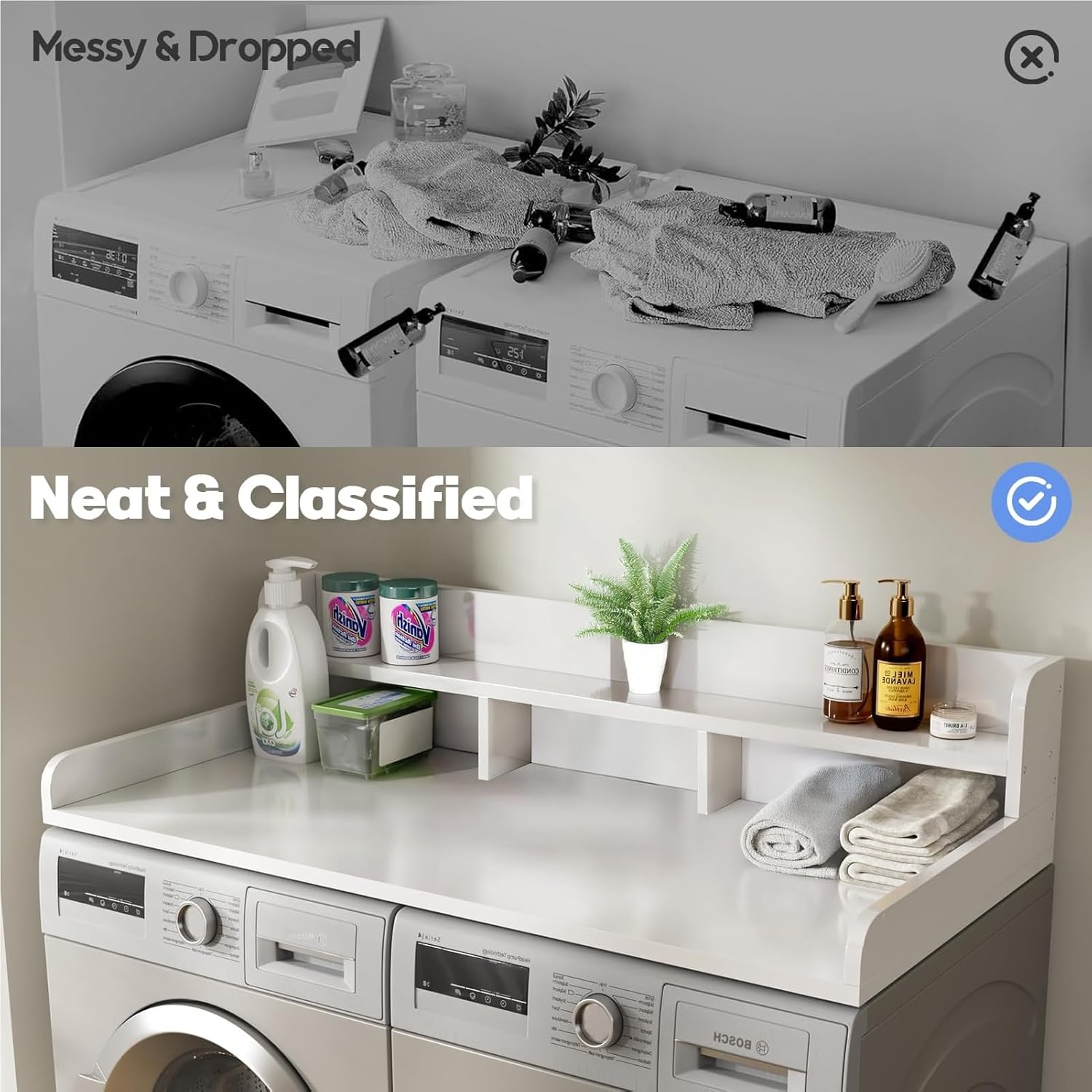 Laundry Room Washer Dryer Countertop Shelf Organizer 54" x 27.5" Double Layer Storage Wood Topper