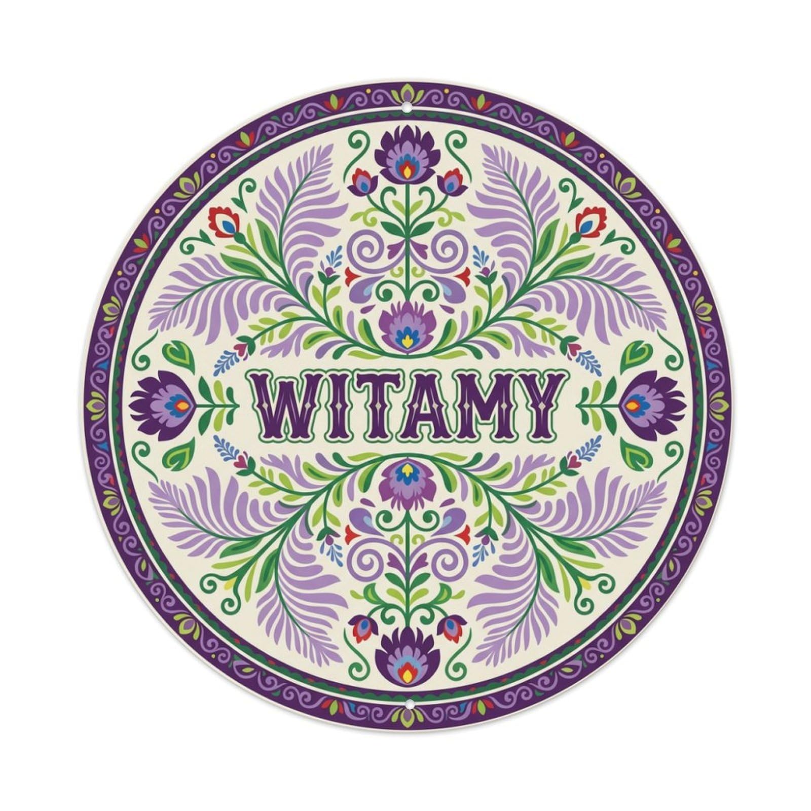 Fyrn Style Metal Tin Sign Vintage Polish Folk Art Witamy Welcome Lavender Fern