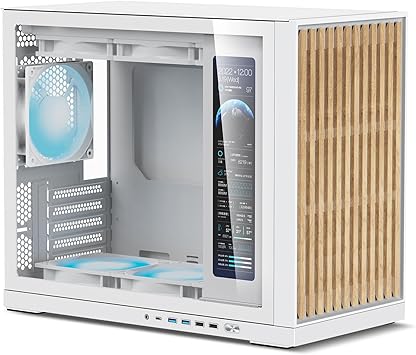 Shiny Snake G600 MATX MFF Gaming Case with 11.3 Inch Screen, Solid Wood Front Panel, Tempered Glass, 360 AIO Compatible, 400mm Long GPU, 170mm Tall Cooler, 160mm ATX PSU - White