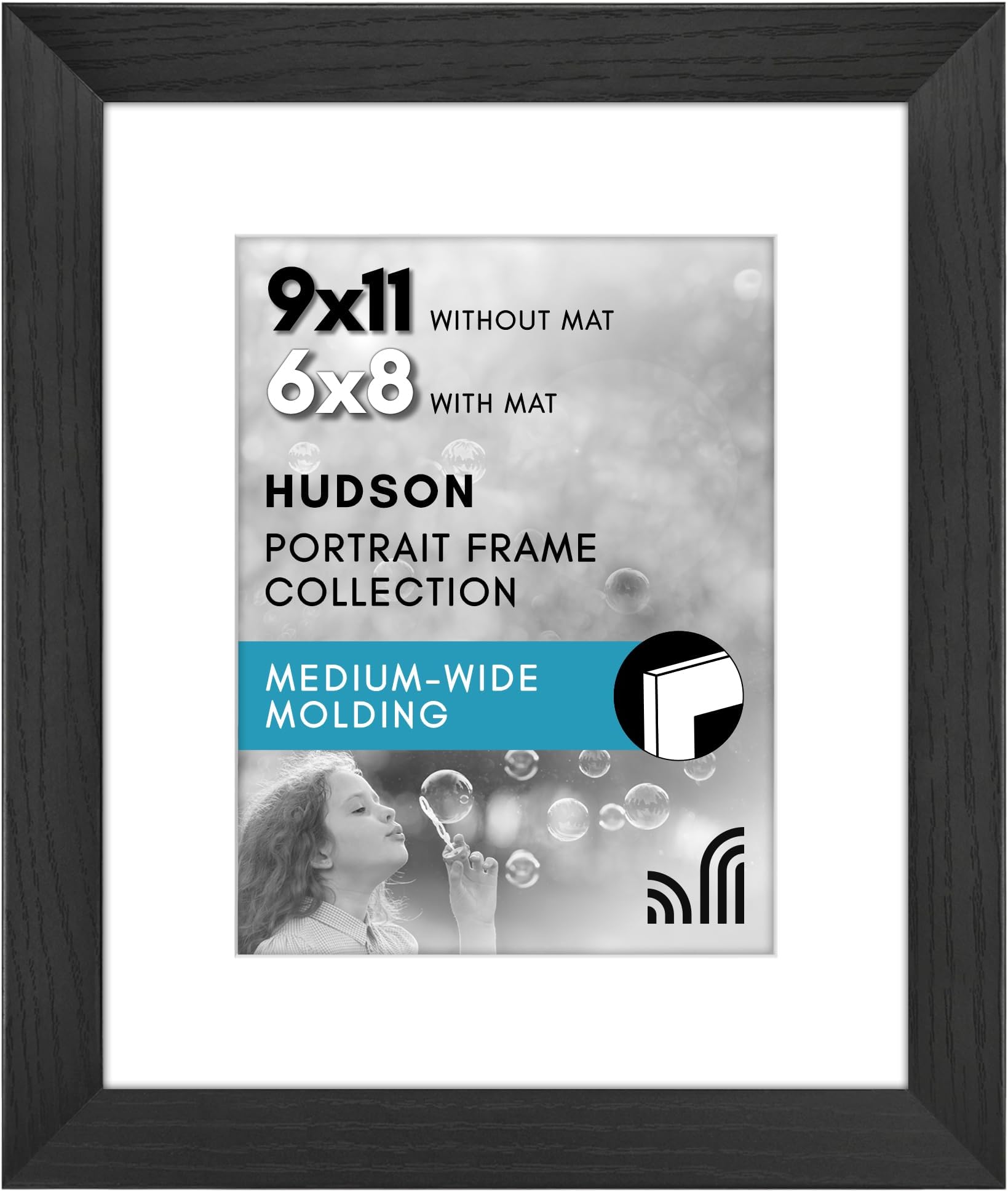 Americanflat9x11 Picture Frame with Shatter-Resistant Glass - Use as 6x8 Frame with Mat or 9x11 Frame Without Mat - Hudson Collection - Wide Photo Frame for Tabletop and Wall Display - Black