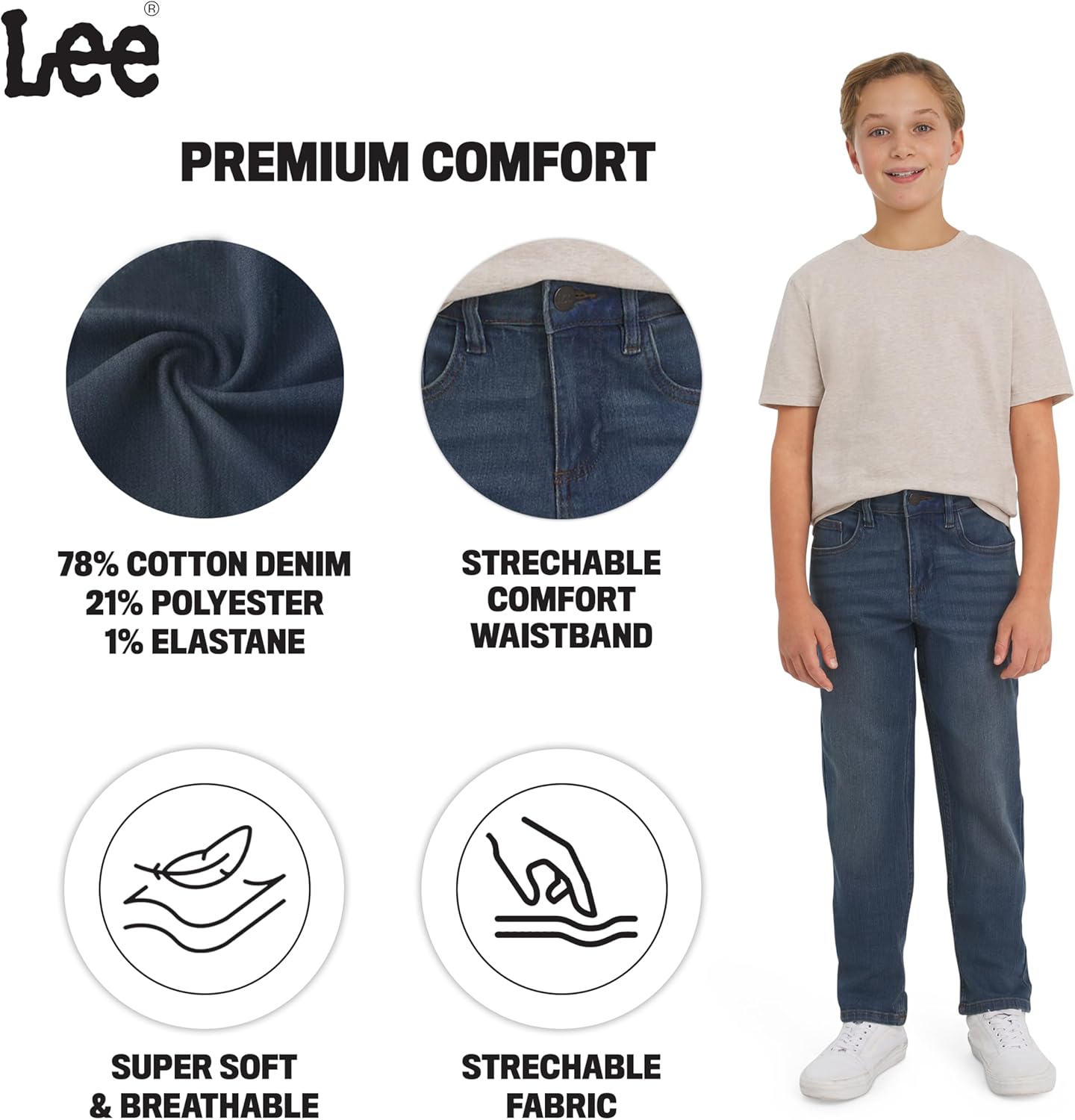 Lee Boys' 5 Pocket Straight Fit Stretch Waist Denim Jeans - Image 3