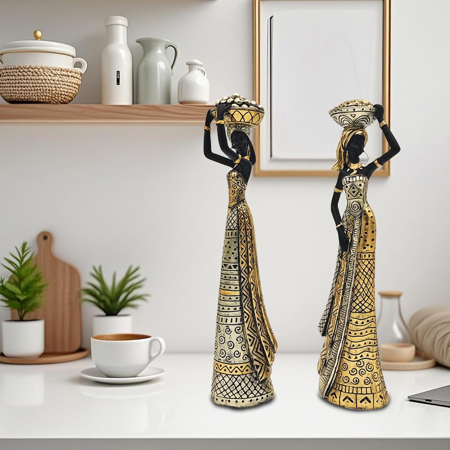 13" African Statues for Home Decor,2-Piece Set Lady Figure Sculptures Decorations for Tables Top,Black Vintage Ornament for Shelf and Living Room,Bookshelf,Décor Accents Gifts for Women