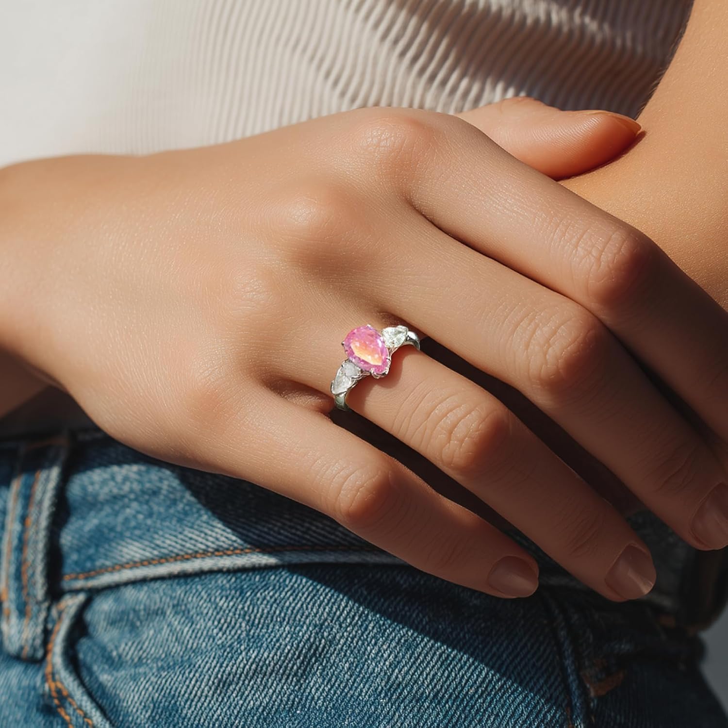 S925 Sterling Silver Pink/Yellow Cubic Zirconia Ring for Women, 1.5ct Pear-Cut Pink/Yellow CZ with White CZ Accents, Elegant Jewelry Gift for Valentine's Day, Party & Daily Wear | Perfect Valentines Day Gifts for Her - Image 3