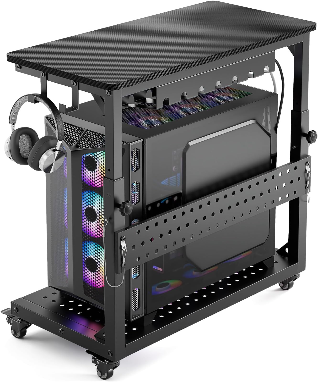 Large Computer Tower Stand with Wheels, Heavy Duty Height Adjustable PC Stand for Full Tower E-ATX Case, 2-Tier Mobile Rolling Cart with Storage for Airflow, Gaming, Carbon Fiber Black