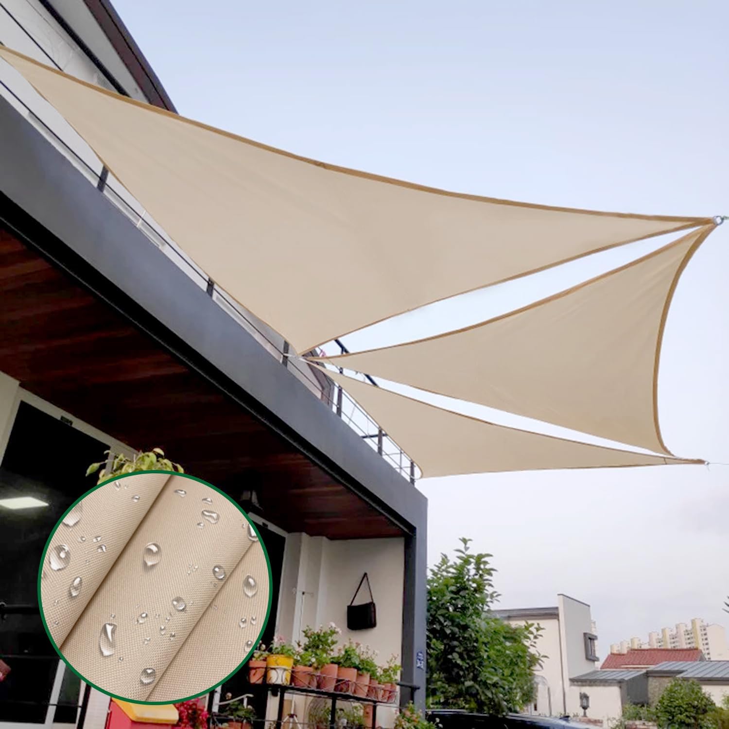 16'x16'x16' Waterproof Sun Shade Sail Triangle Shade Canopy Cloth Tarp Patio Cover Awnings Shelter for Outdoor Garden Backyard Deck, Beige