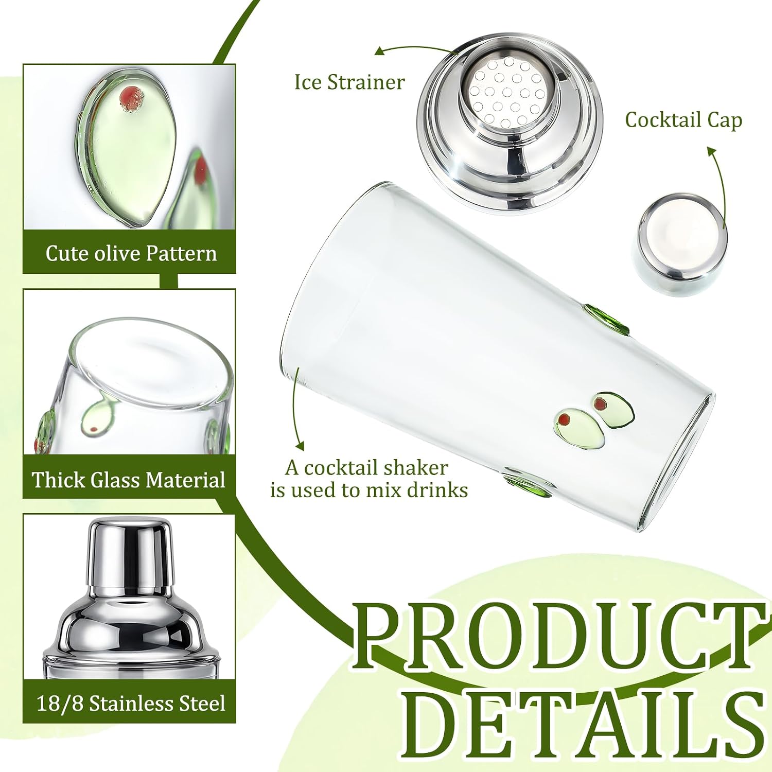 Olive Pattern Glass Cocktail Shaker 15oz, Decorative Martini Shaker with 304 Stainless Steel Lid, Single Serve Drink Mixer for Home Bar, Cocktail Lover Gift, Holiday Party Barware