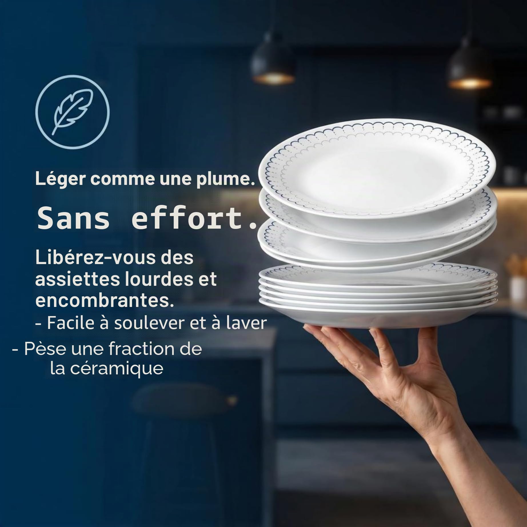 Corelle Service de table 18 pièces pour 6 personnes - Assiettes rondes et bols légers en verre Vitrelle triple couche - Résistant aux éclats - Passe au micro-ondes et au lave-vaisselle - Caspienne -