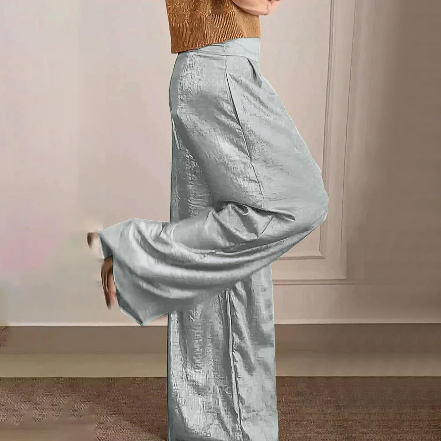 Womens Floor Length Wide Leg Pants Metallic Shiny Party Club Dance Pants Casual Elastic High Waist Lounge Trousers