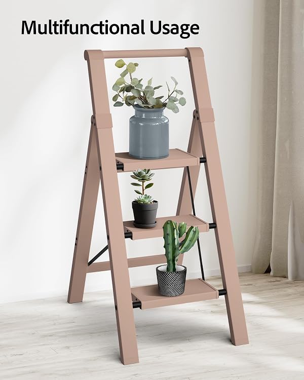 Taranta 3 Step Ladder, Lightweight Aluminum Step Stool with Convenient Handgrip, Folding Ladder with Anti-Slip Pedals, 330lbs Capacity Stepladder for Home, Office, Kitchen - Peach Pink by taranta - Image 8