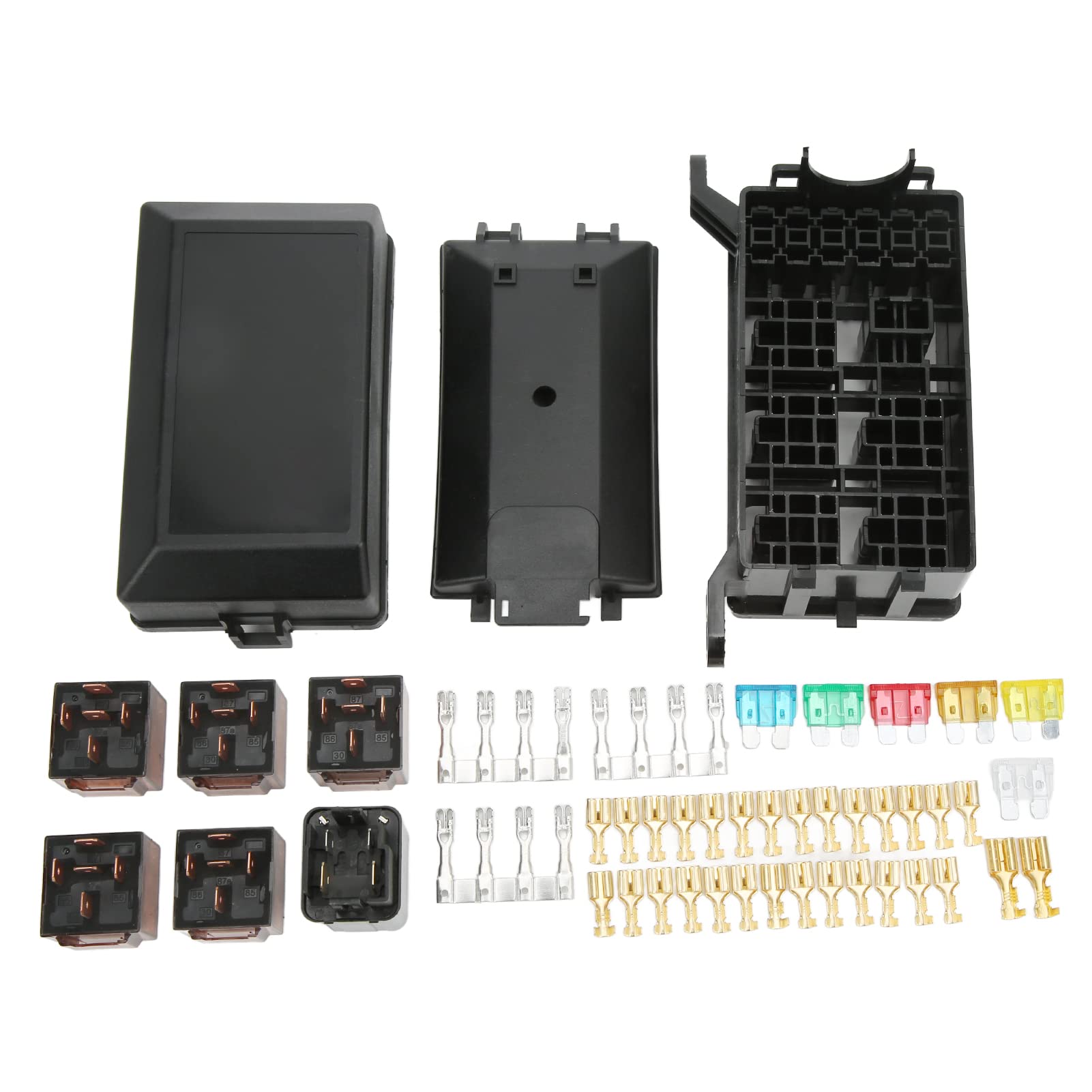 6-Wege-Sicherungs-Relaiskasten-Set, 12 V, 40 A, mit 6 Relais, 6 ATO ATC-Flachsicherungen, 41 Stück, Metall, 0,25 Zoll, Anschlussstifte, ABS-Block, Plug-and-Play, für Automobile,