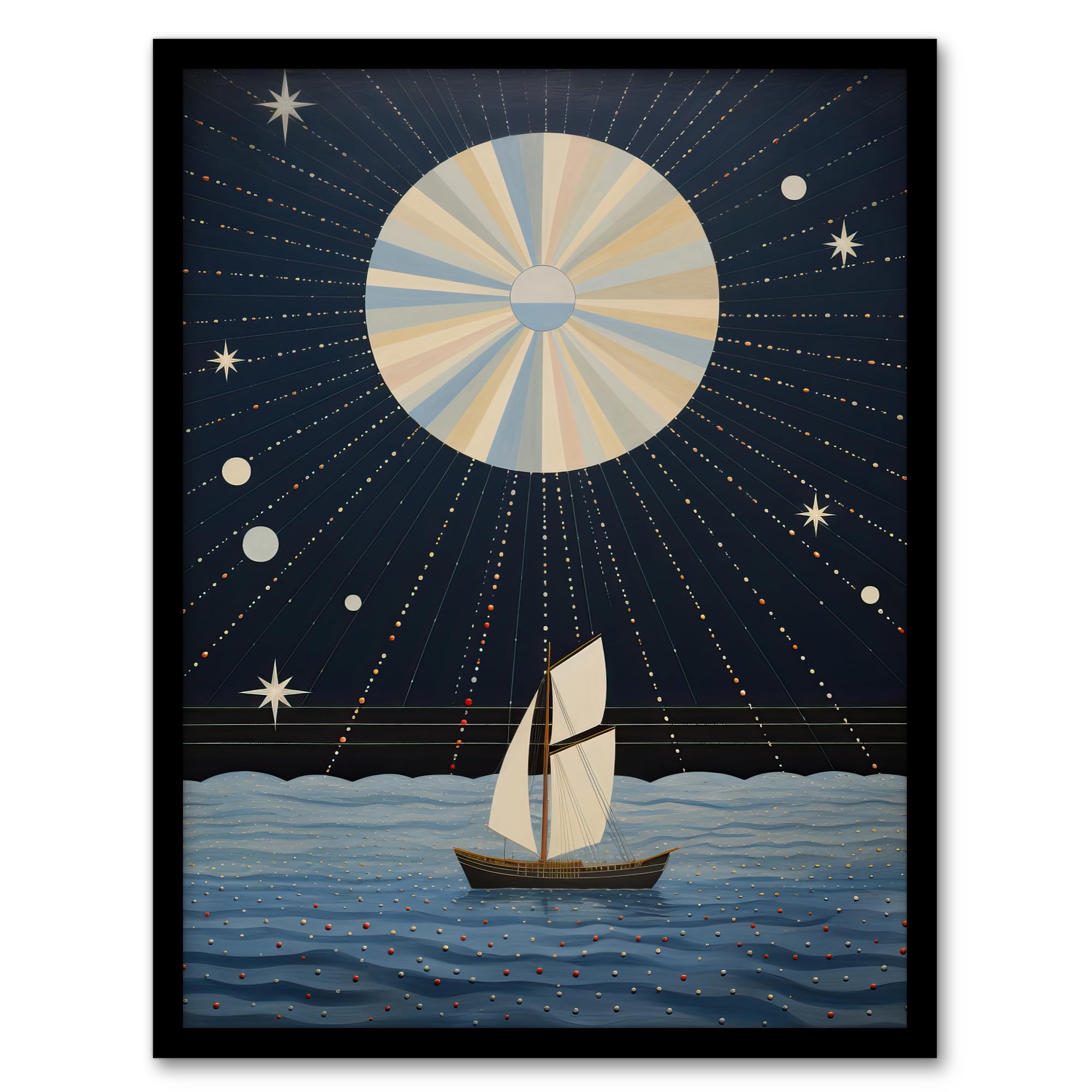 Wee Blue Coo Sailing Into The Moonlight Boat in Full Moon Seascape Blue Tan Oil Painting Artwork Framed Wall Art Print 18X24 Inch
