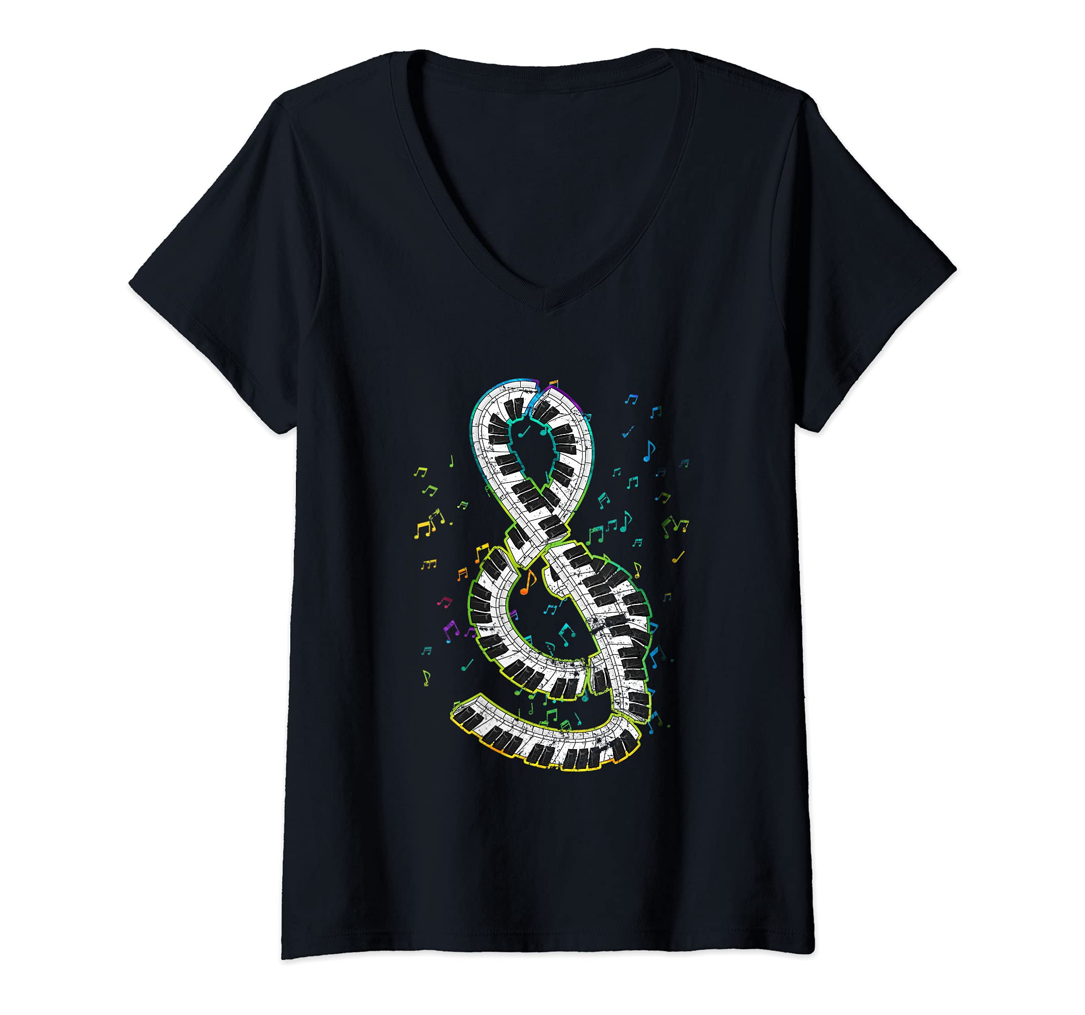 Womens Pianist Treble Clef Classical Musician Keyboard Piano V-Neck T-Shirt, Black