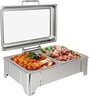 Food Warmer Commercial Buffet Kitchen Chafing Dish with 2 Pans 9L Double Compartment Countertop Food Server Heater Stainless Steel for Restaurant Hotels Catering Parties 400W