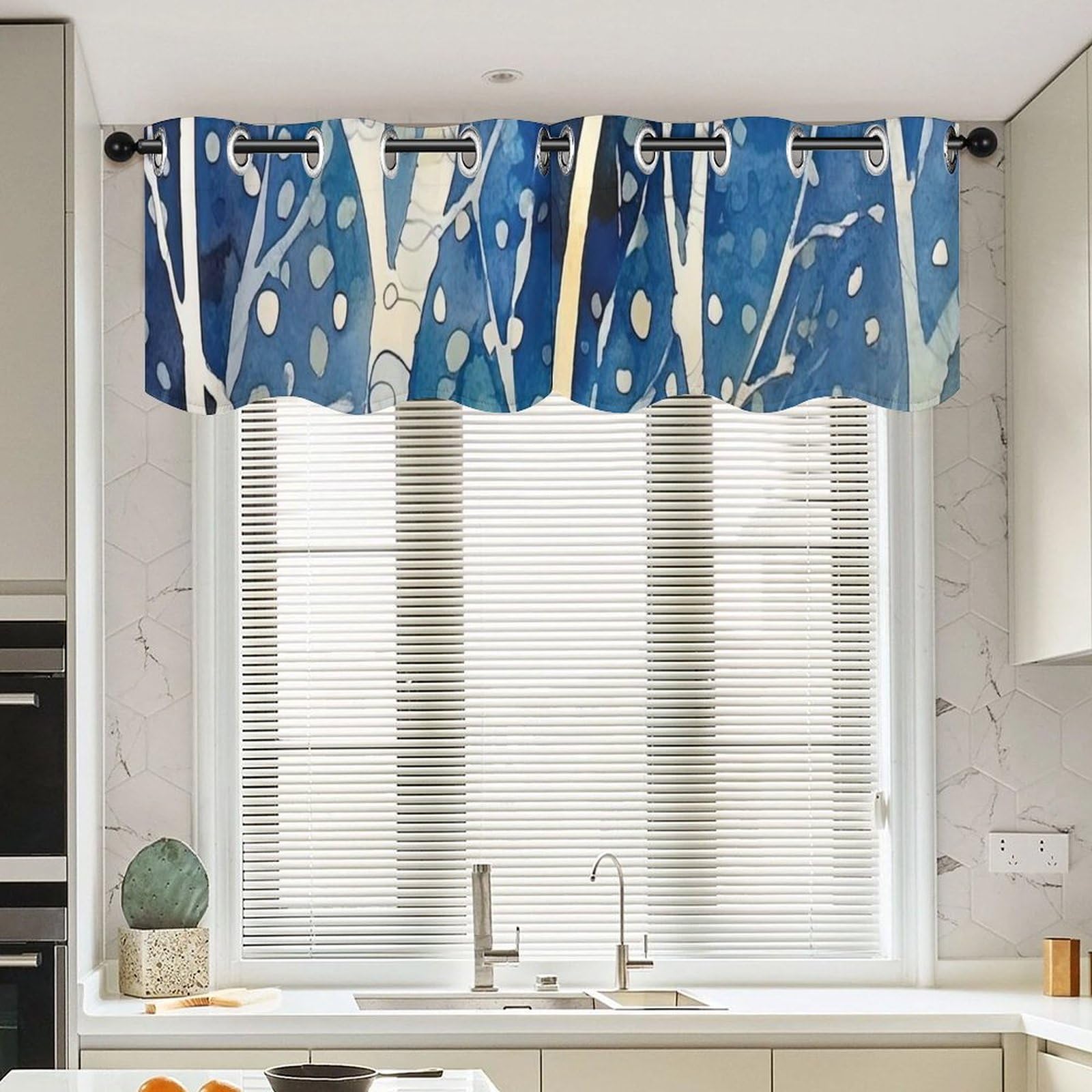 Cortinas de cocina estilo chino con cenefa de árbol azul para ventanas pequeñas, 52x18