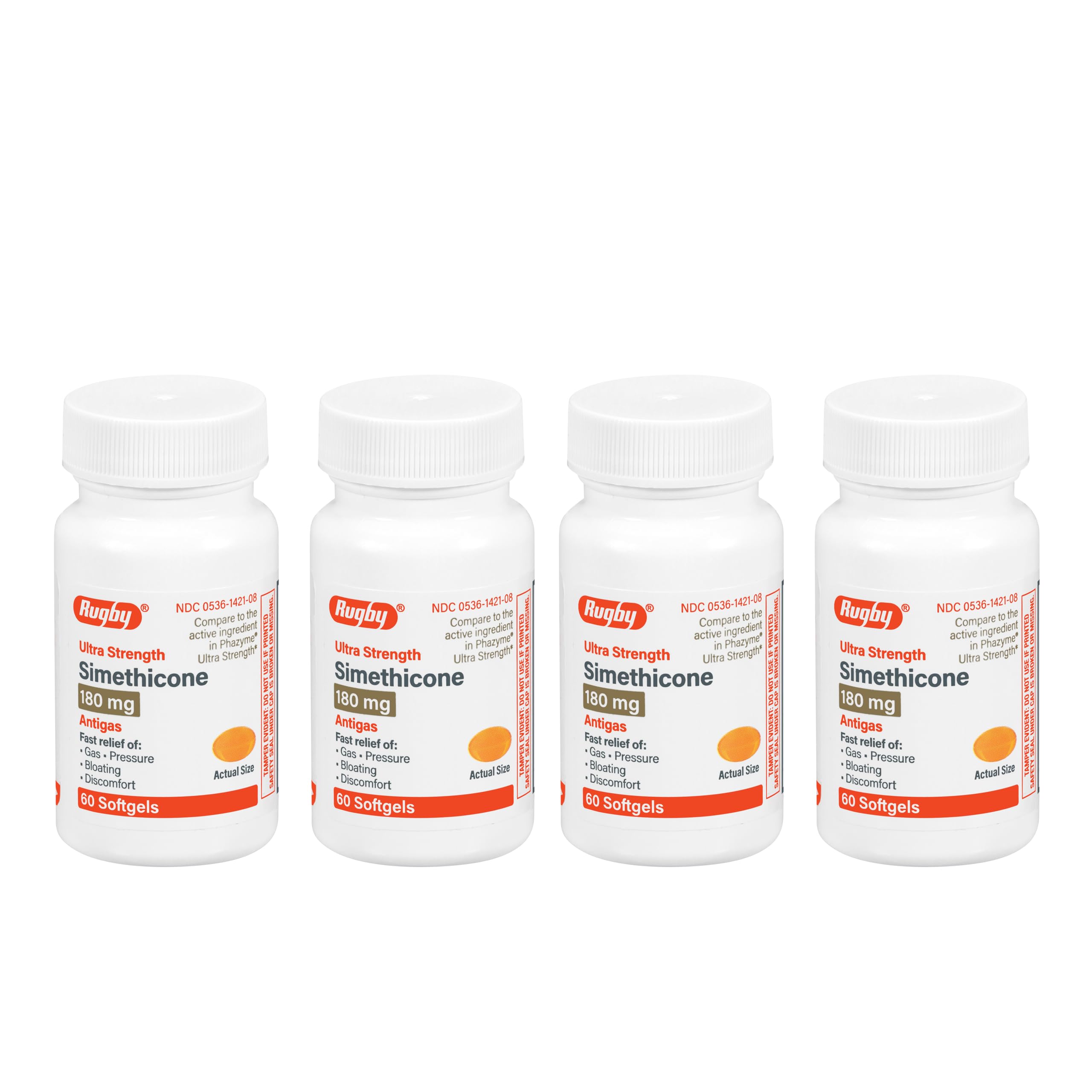 Rugby Ultra Strength Simethicone Gas Relief 180 mg - Maximum Gas Relief for Adults - May Help with Symptoms of Flatulence, Bloating, Gas Fullness - 60 Softgels (4 Pack)