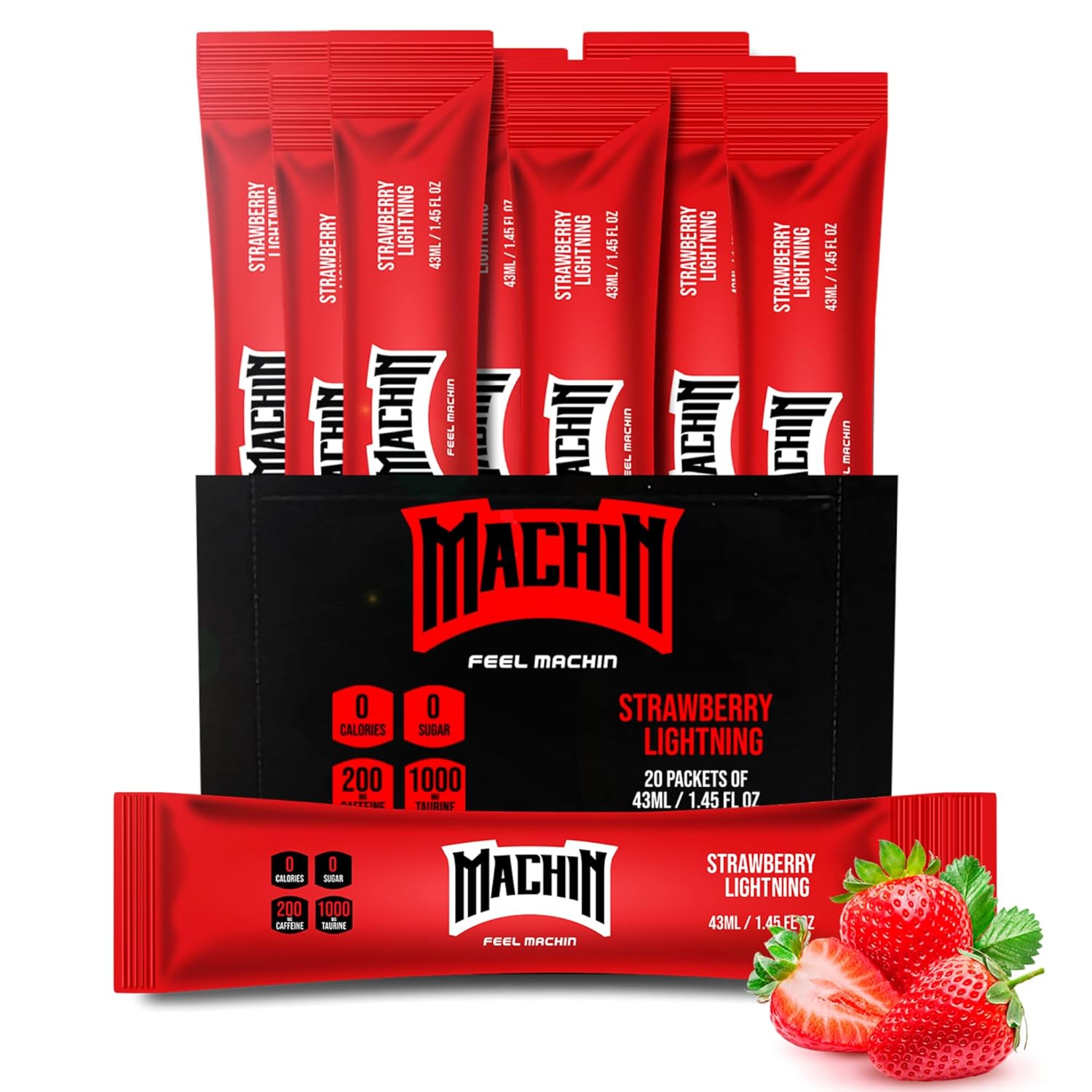 MACHIN – Ready to Drink Energy Shot Pouches (Strawberry Lightning) | Boost Focus | Quick Energy fix Packets | On-The-Go Drink |Pre Workout | 200mg Caffeine | Vitamin B | 0 Calories | 20 Pack