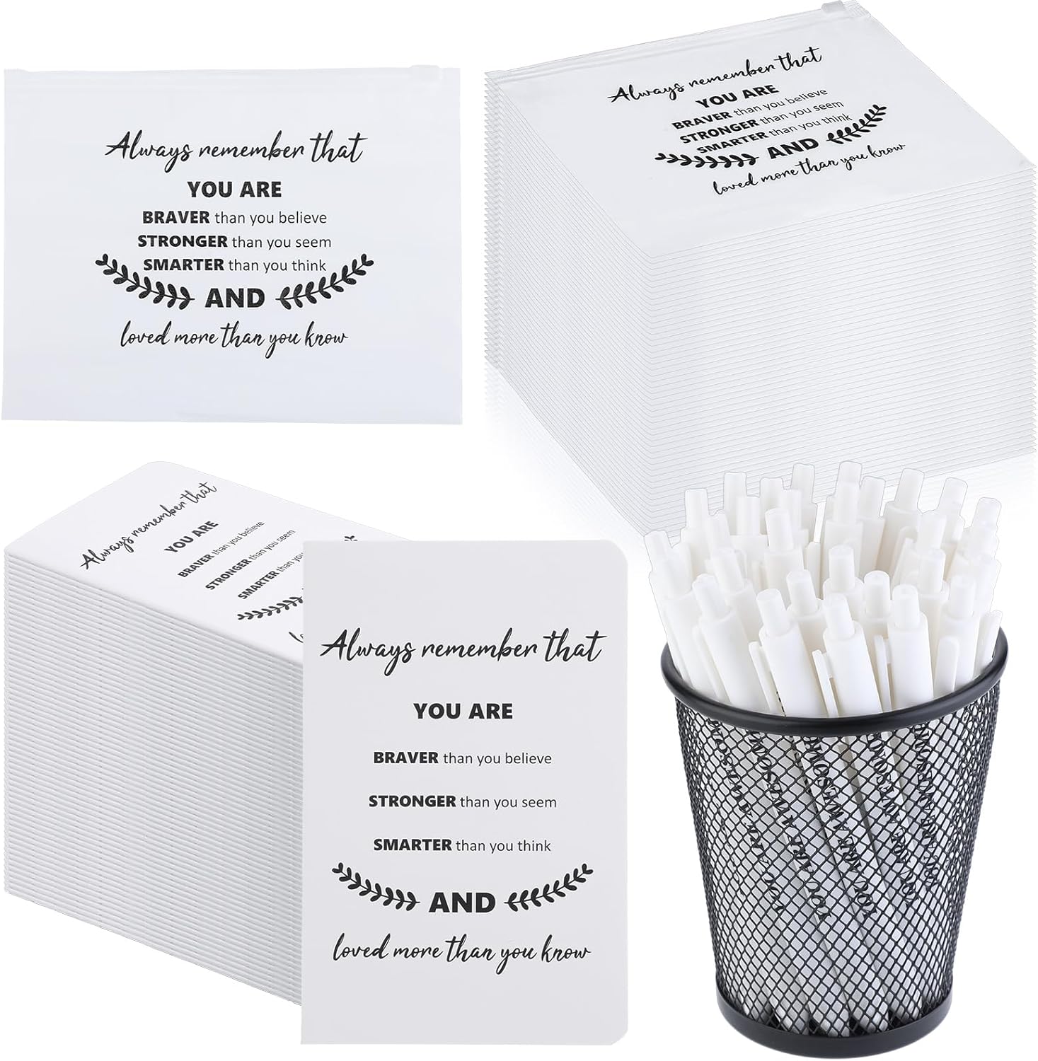 Seajan Inspirational Gifts Bulk - 50 Pcs Inspirational Pen, 50 Pcs Motivational Notepad, 50 Makeup Bags for Women & Men (Black, Inspirational)