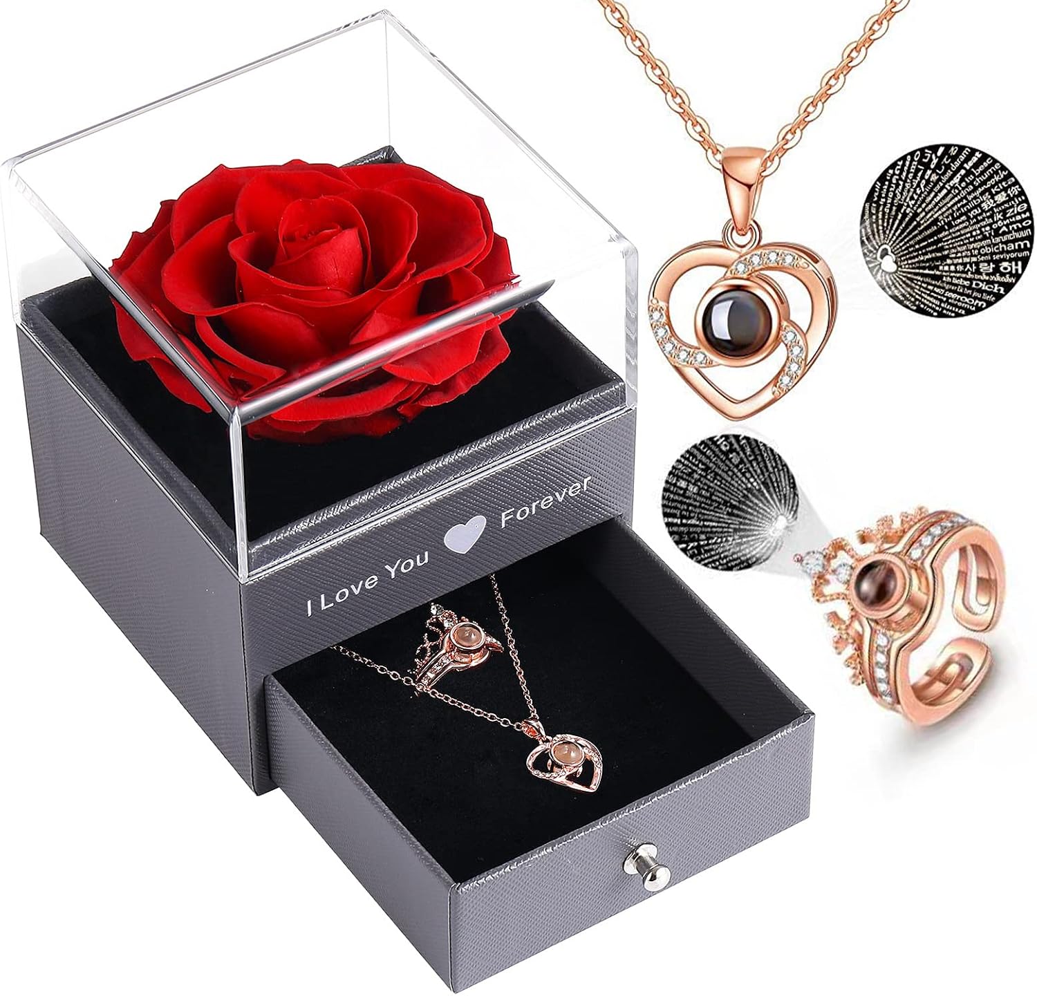 Preserved Real Rose Enchanted Real Rose Flower with Love You Heart Necklace 100 Languages Gift Set,Handmade Eternal Preserved Flesh Flower Rose for Her On Valentine's Day Anniversary Mother's Day