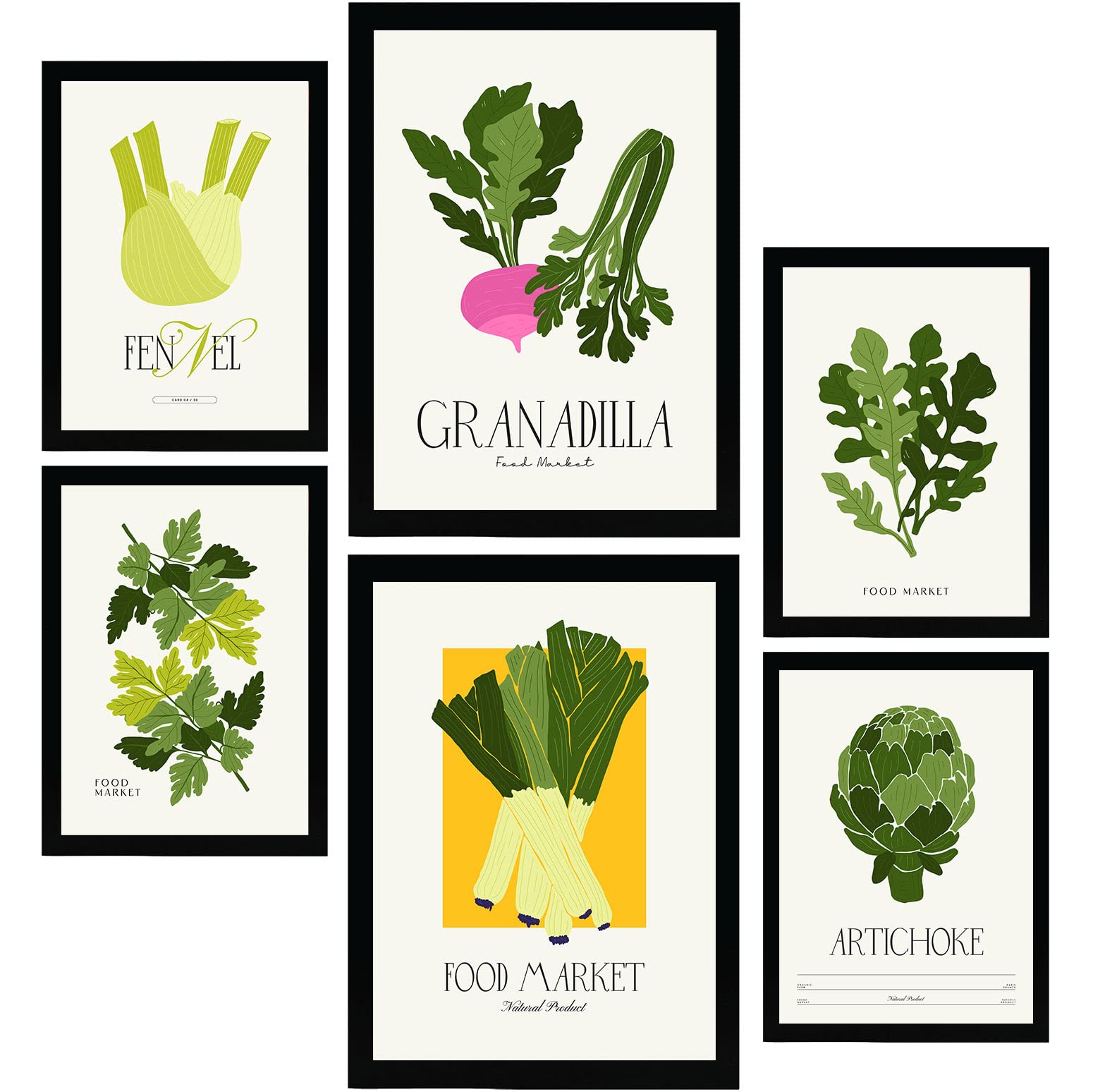Nacnic Set de 6 Posters de Comida y Alimentación. Vegetales verdes. Láminas de Naturaleza y Nutrición para el Diseño y Decoración de Interiores. Tamaños A3 & A4, sin marcos.