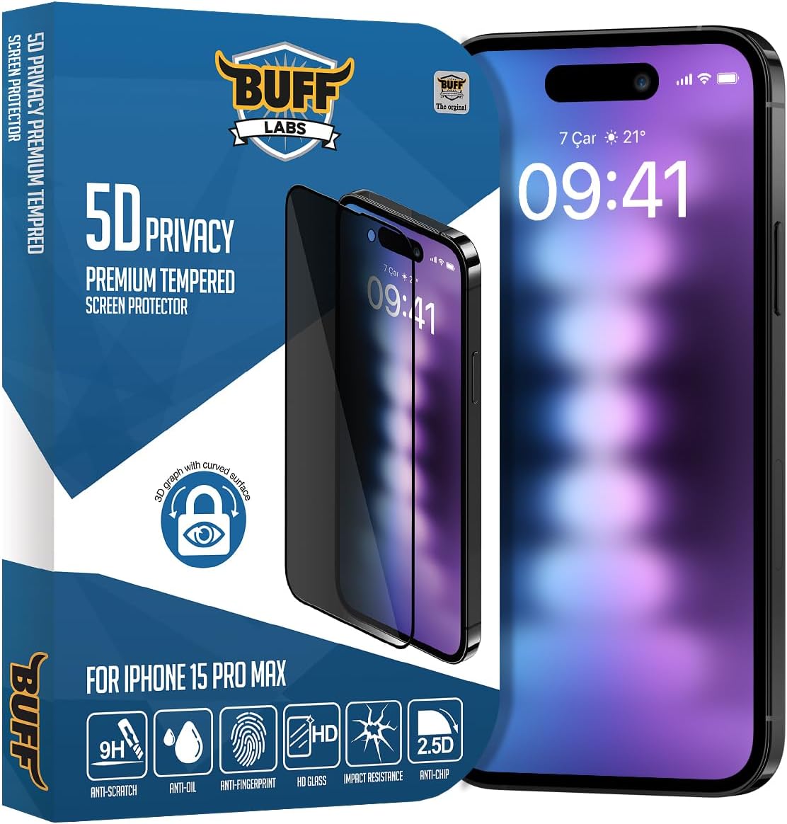 BUFF LABS iPhone 15 Pro Max ile Uyumlu 5D Privacy Hayalet Ekran Koruyucu