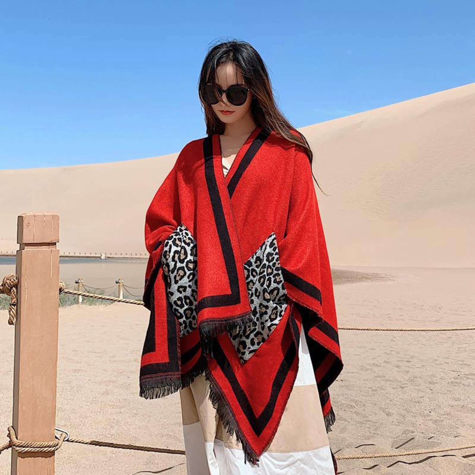 WALLBIG Bufanda de Cachemira con Estampado de Leopardo para Mujer a la Moda con Bolsillo Poncho de Invierno Chal Manta de Viaje Bufandas Pashmina