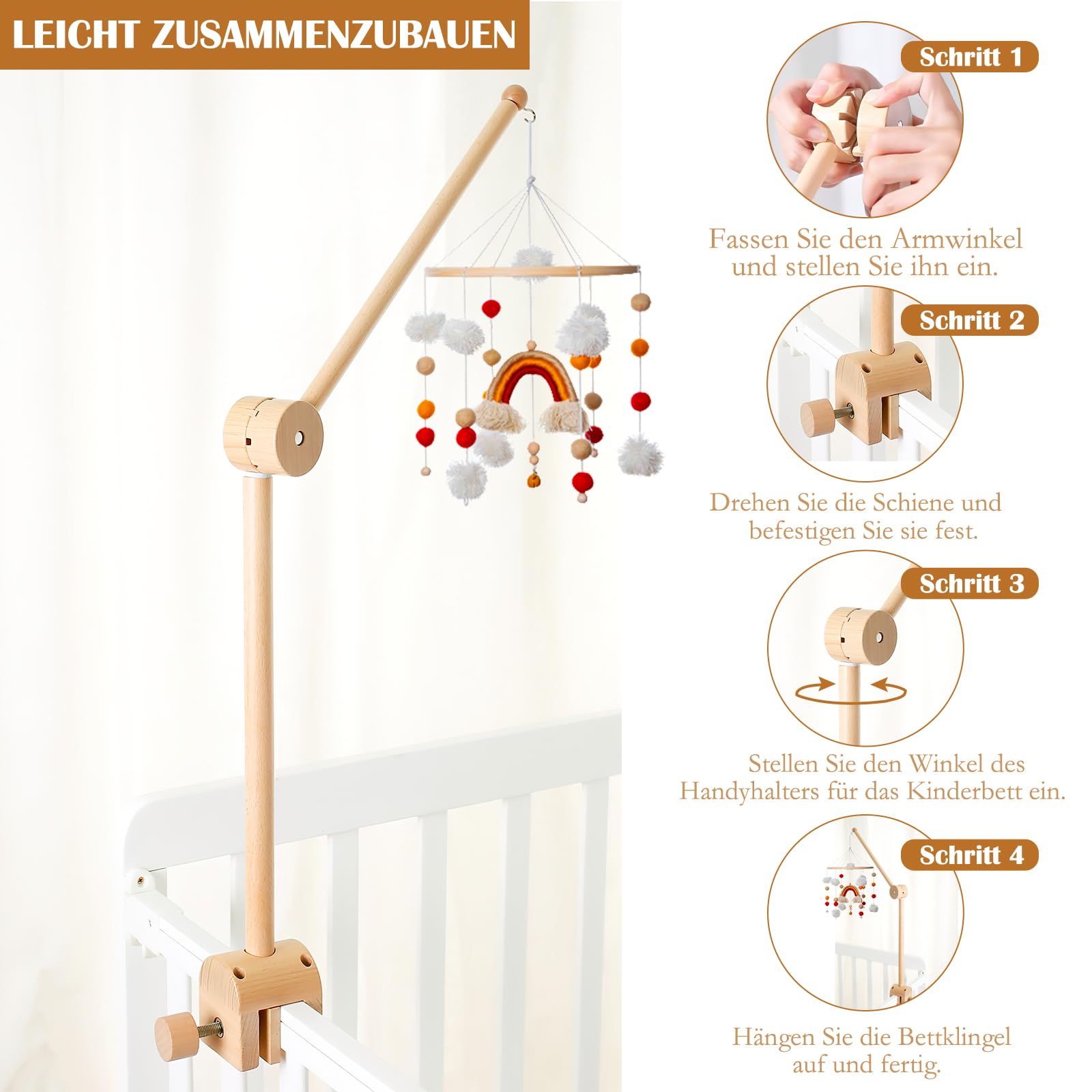 Mobiele houder wit, mobiele houder, bed, verstelbare mobiele luiertafel voor babybed, houder, frame stang voor ophanging, windgongen, bedbel, accessoires