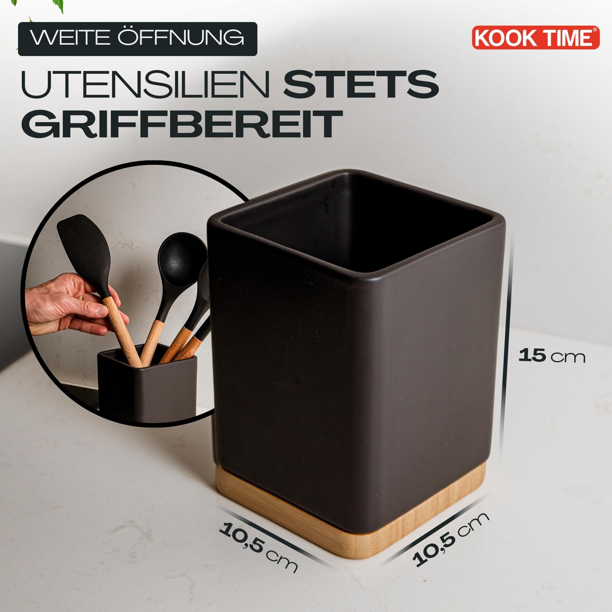Küchenutensilienhalter - Utensilienhalter küche aus keramik und Bambus - Quadratischer küchenhelfer aufbewahrung - Schwarz - 10,5 x 10,5 x 15 cm