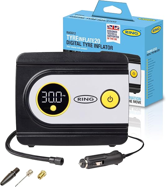 RING TYREINFLATE 20 Digital Tyre Inflator Air Compressor with Three Adaptors - Measures in PSI, BAR and kPA - 1