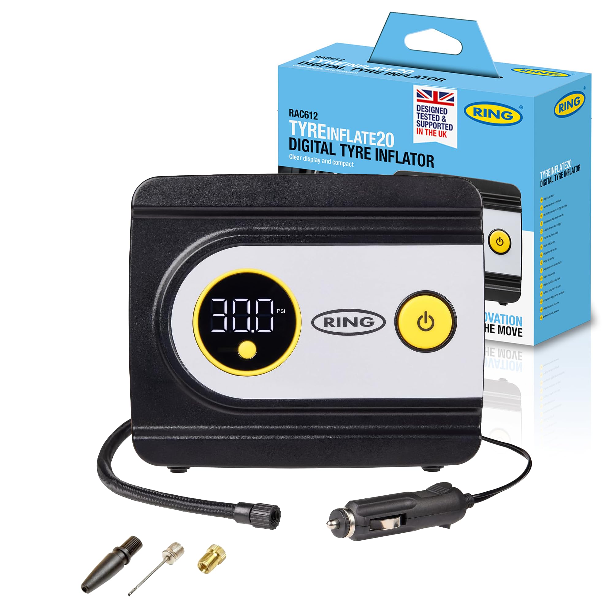 RING TYREINFLATE 20 Digital Tyre Inflator Air Compressor with Three Adaptors - Measures in PSI, BAR and kPA