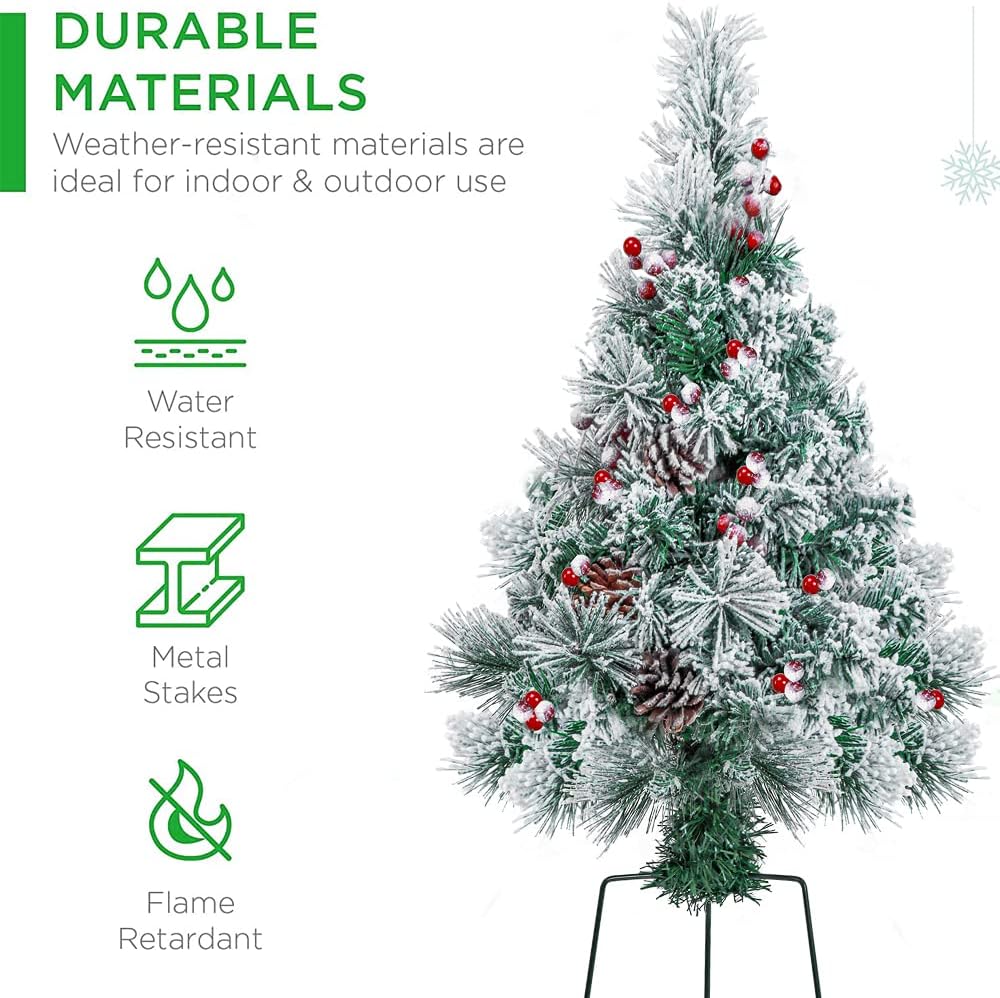 2.5FT Outdoor Christmas Tree Snow Flocked Pathway Artificial Christmas Trees Small Pre-Lit Pine Xmas Tree with Lights Battery Operated 8Mode for Porch, Yard, Outside, Grave(2pack)