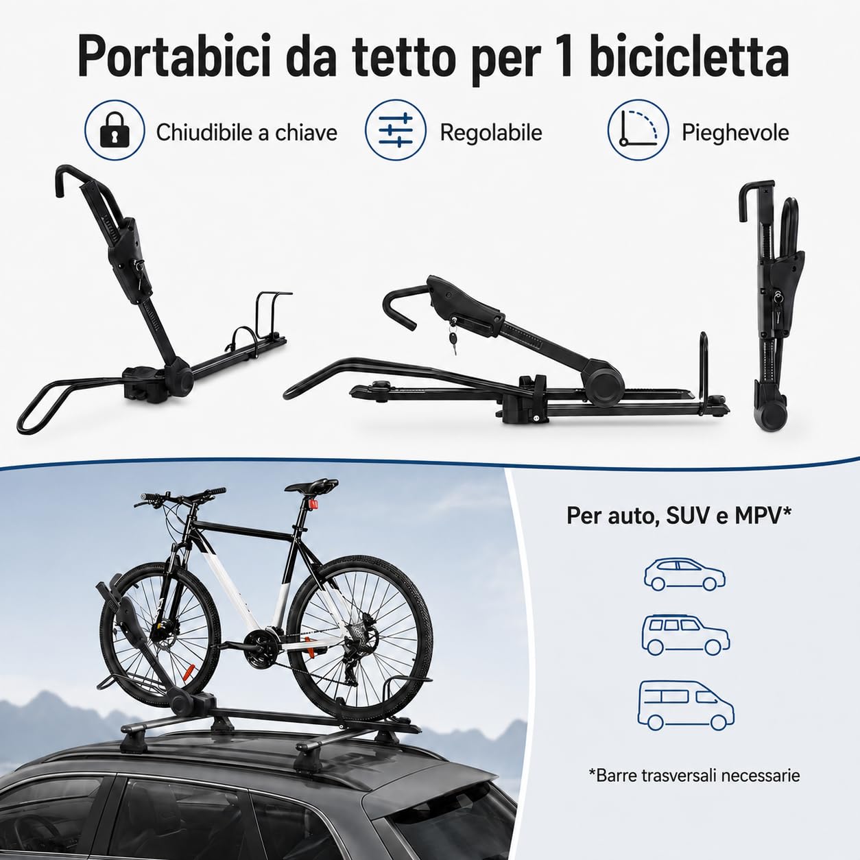 Portabici universale con protezione antifurto per auto SUV fino a 38 pollici | Con doppia chiusura e fissaggio a quattro punti, altezza regolabile da 75 a 98 cm per un trasporto sicuro